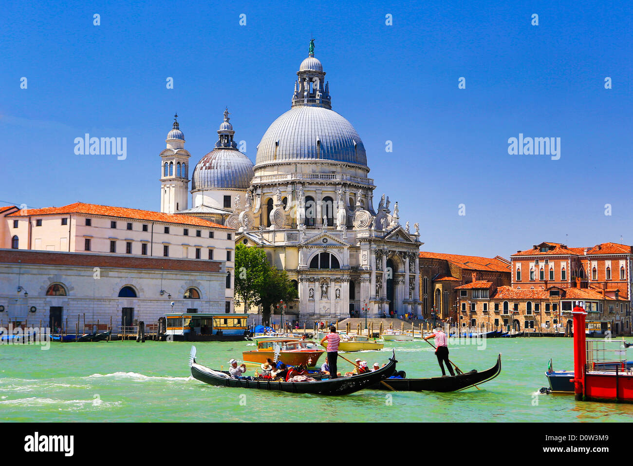Italy, Europe, travel, Venice, Gondolas, Canal Grande, Santa Maria de la Salute, Basilica, church, tourism, tourists, Unesco, Stock Photo