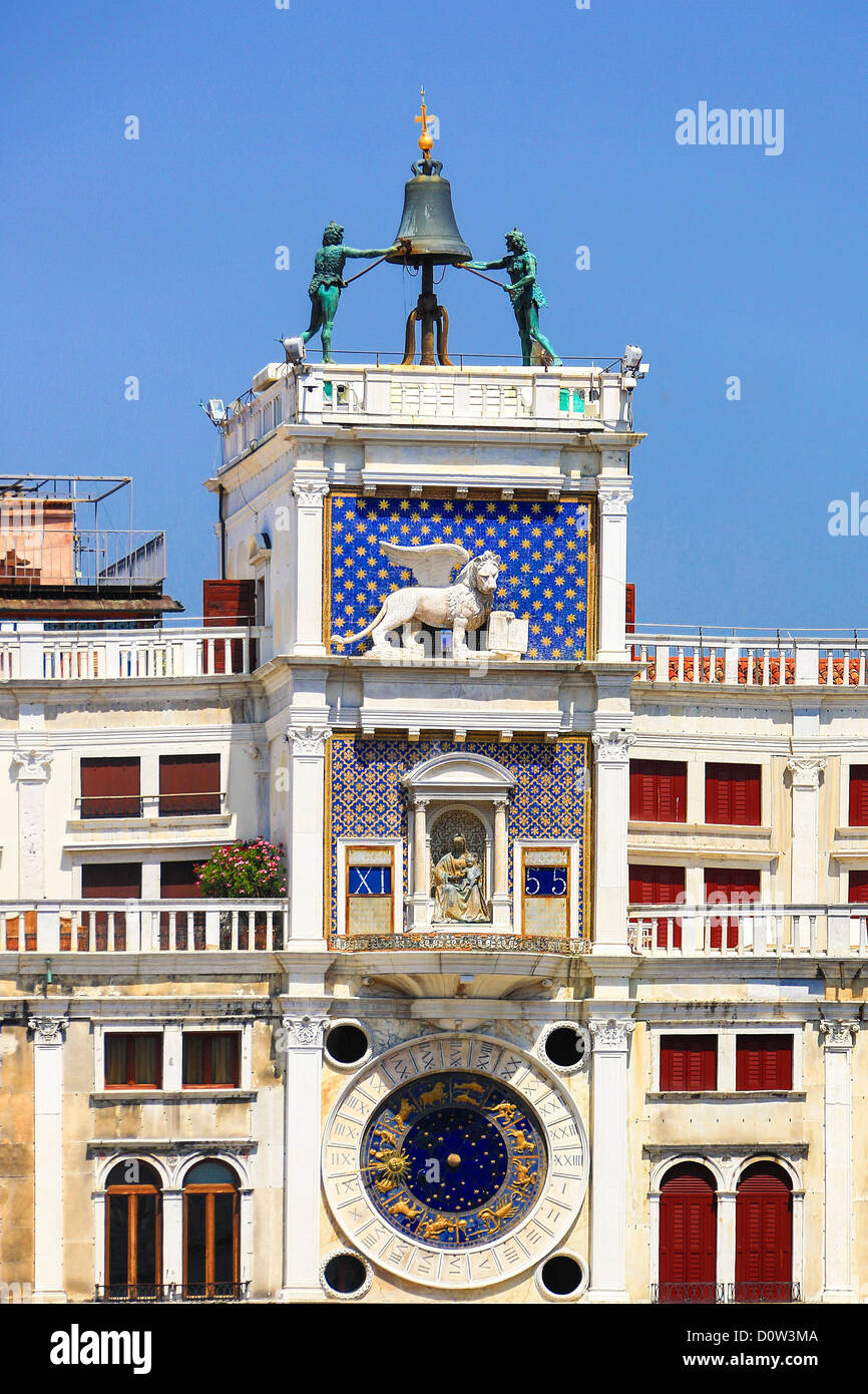 Italy, Europe, travel, Venice, San Marco, Square, Clock Tower, bell, clock, history, lion, symbol, Stock Photo
