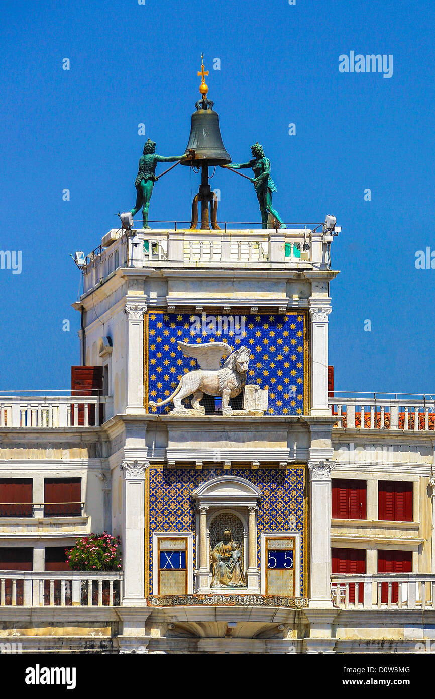 Italy, Europe, travel, Venice, San Marco, Square, Clock Tower, bell, clock, history, lion, symbol, Stock Photo