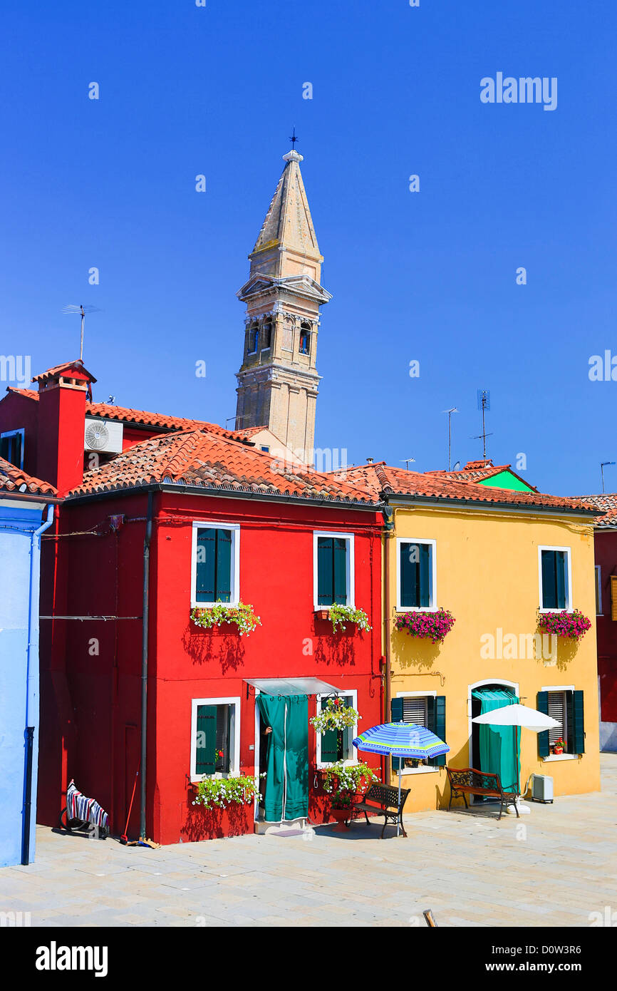 Italy, Europe, travel, Burano, architecture, boats, canal, colourful, colours, tourism, Venice, tower Stock Photo