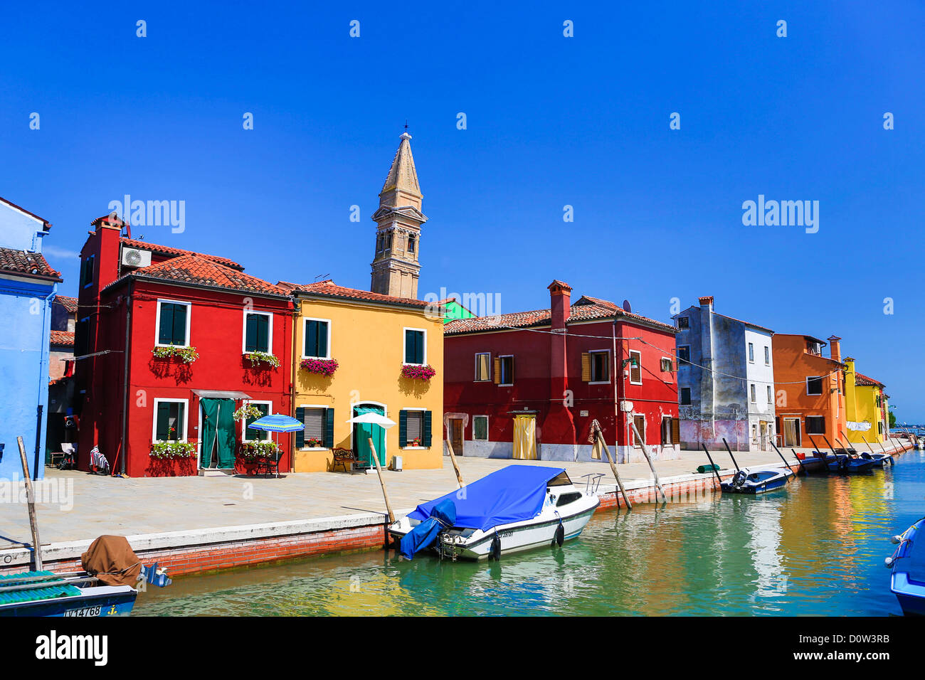 Italy, Europe, travel, Burano, architecture, boats, canal, colourful, colours, tourism, Venice, tower Stock Photo