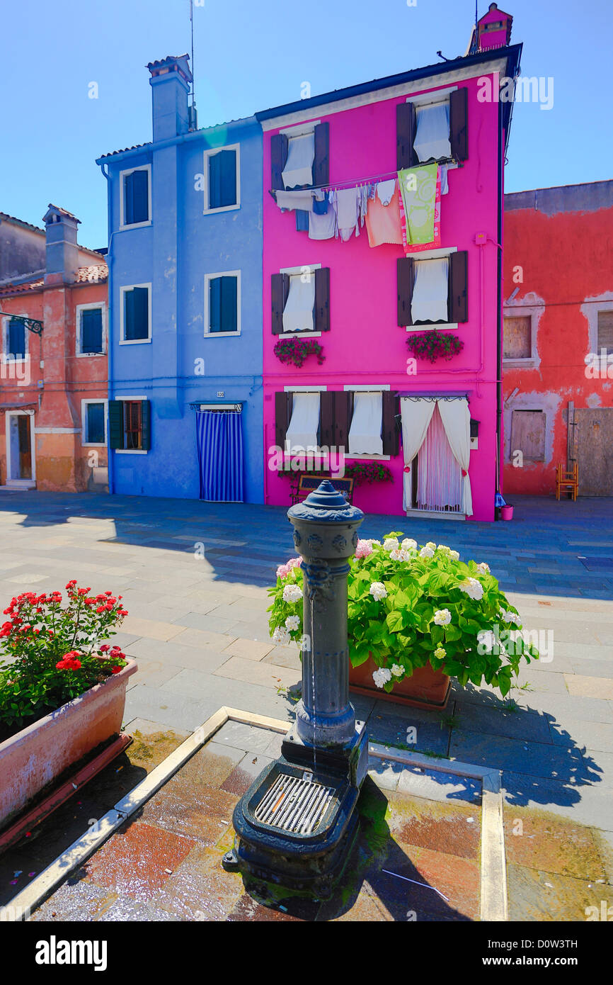 Italy, Europe, travel, Burano, architecture, colourful, colours, tourism, Venice, fountain Stock Photo