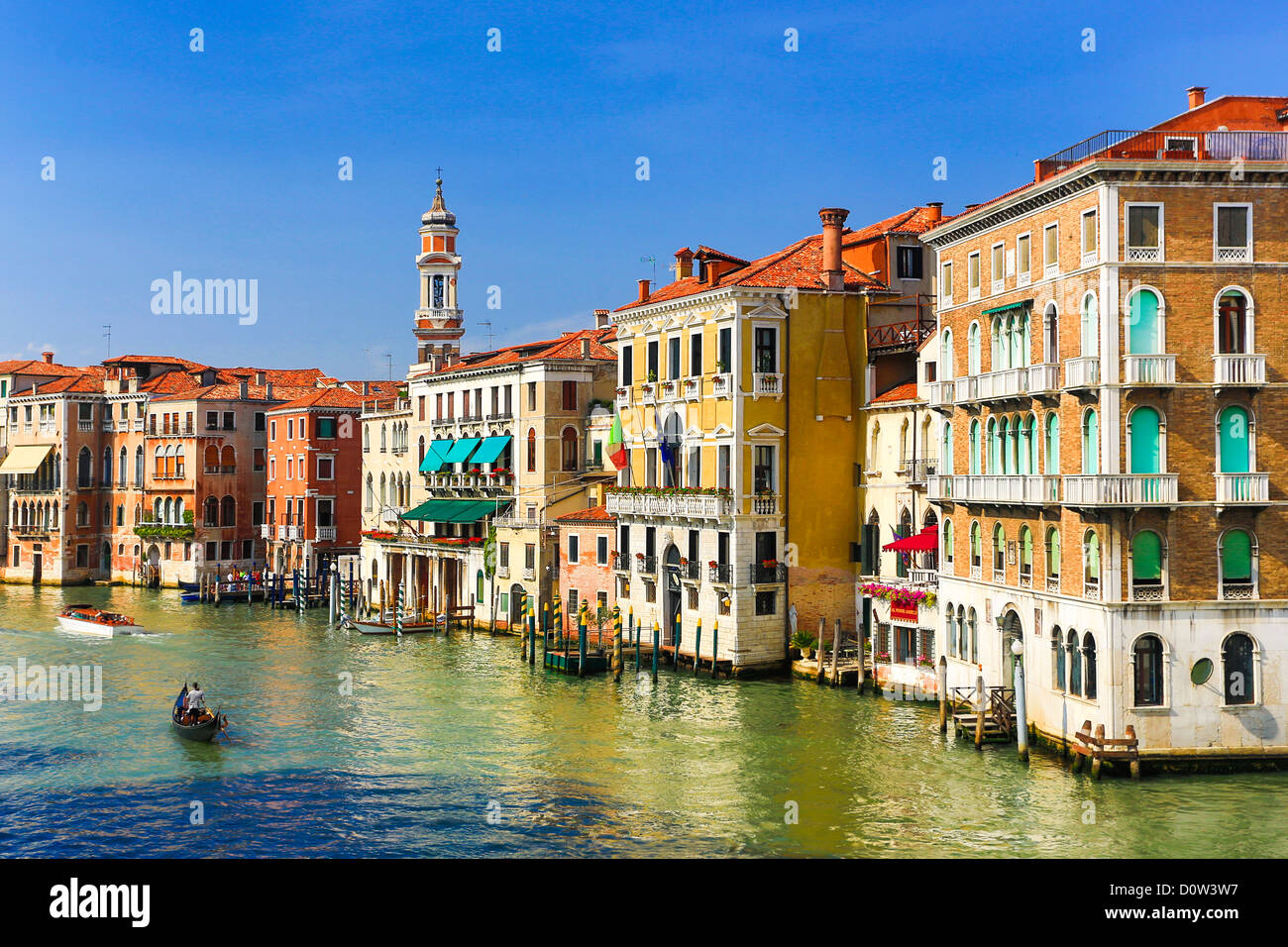 Italy, Europe, travel, Venice, buildings, Canal Grande, architecture, boats, campanile, colourful, colours, history, skyline, to Stock Photo