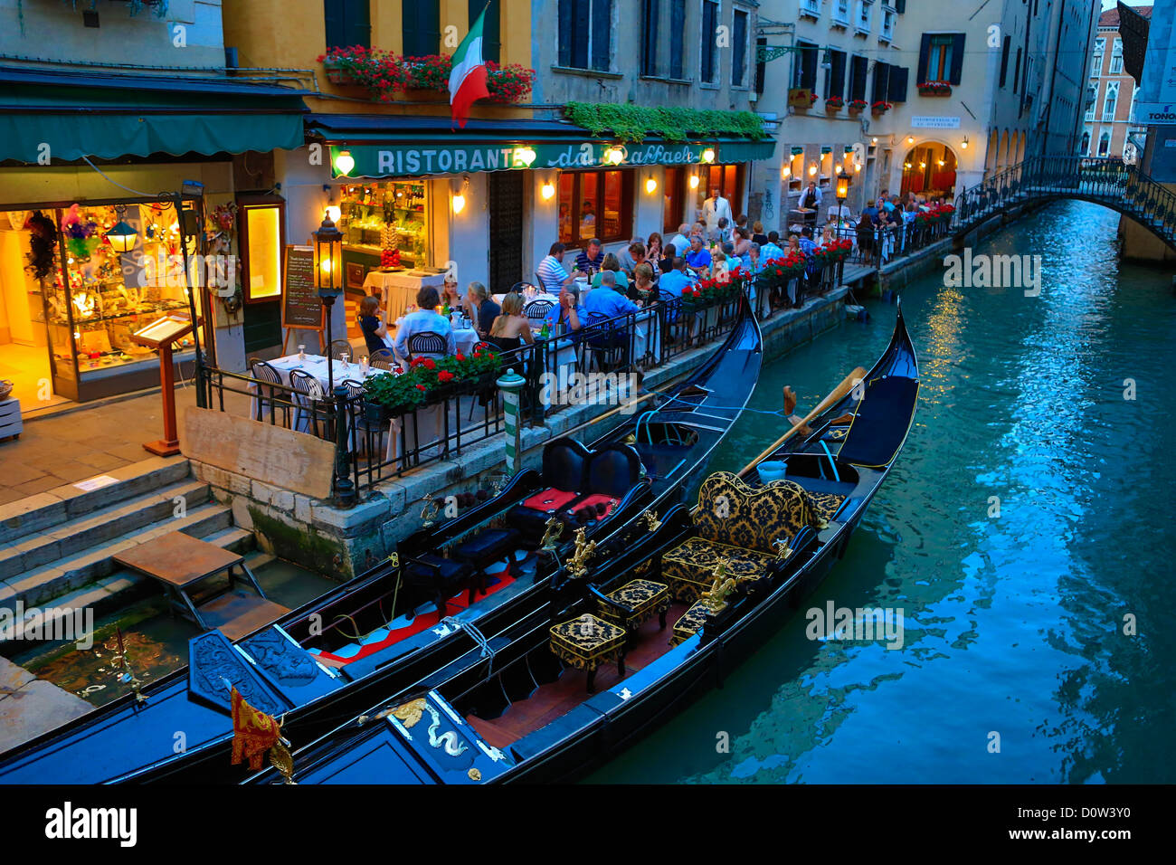 Italy, Europe, travel, Venice, Terrace, gondolas, Italy, Europe, travel, architecture, canal, evening, gondolas, restaurant, tou Stock Photo