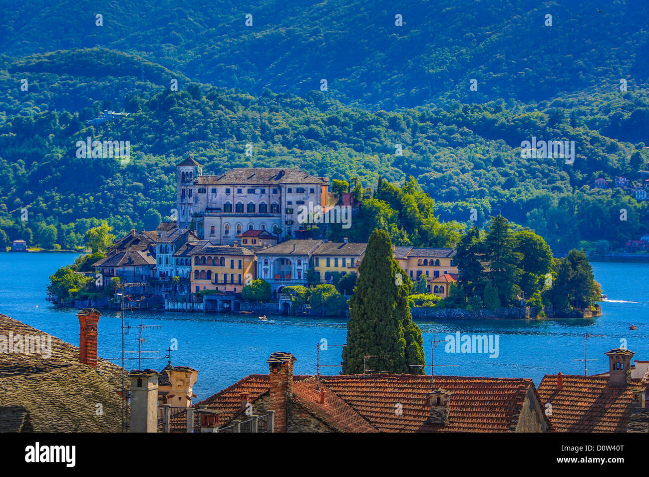 Italy, Europe, travel, Orta, Lake, San Gulio, Island, Piedmont, roofs, forest, tourism, town Stock Photo