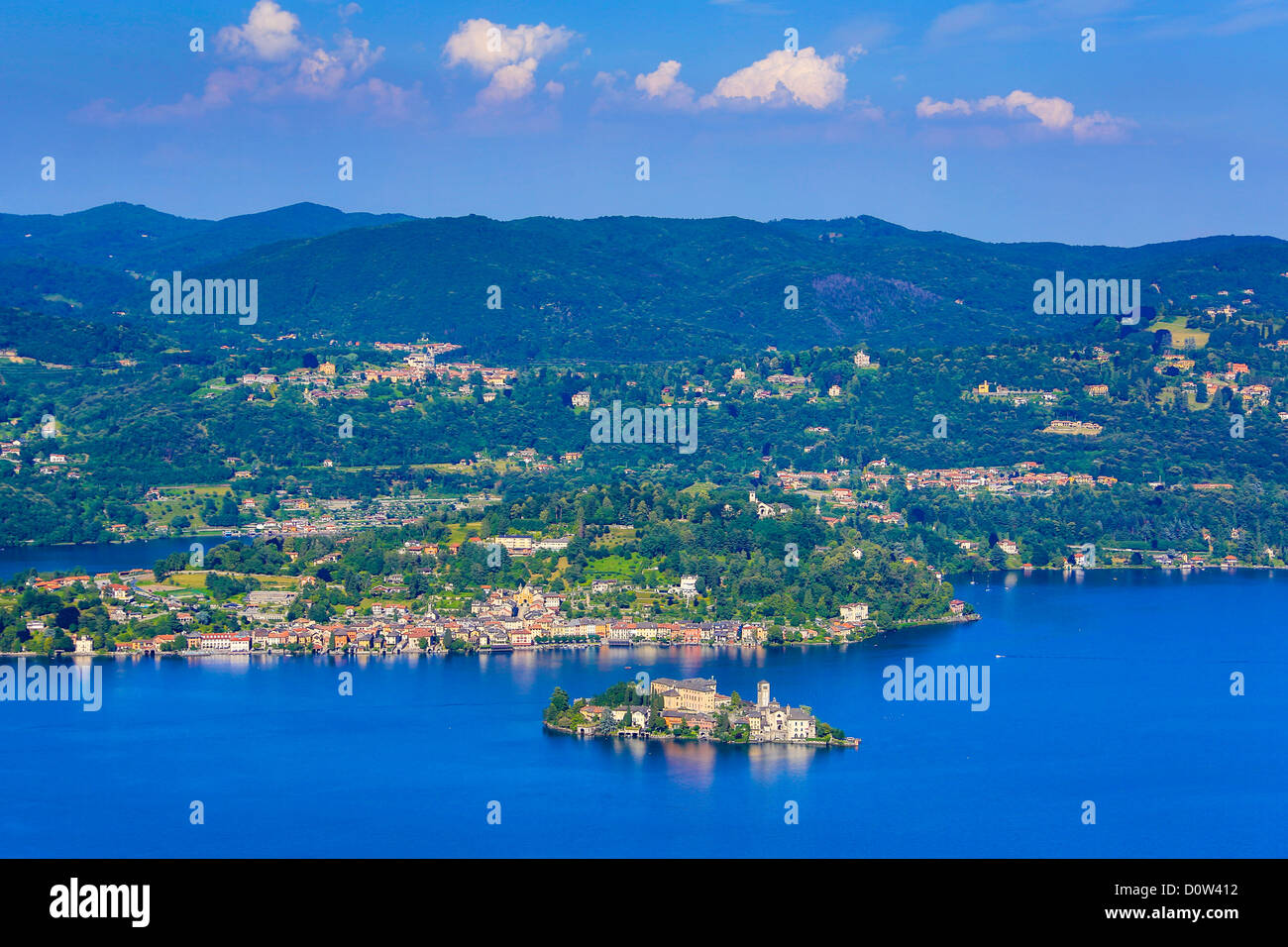 Italy, Europe, travel, Orta, Lake, San Gulio, Island, Piedmont, roofs, forest, tourism, town, landscape Stock Photo