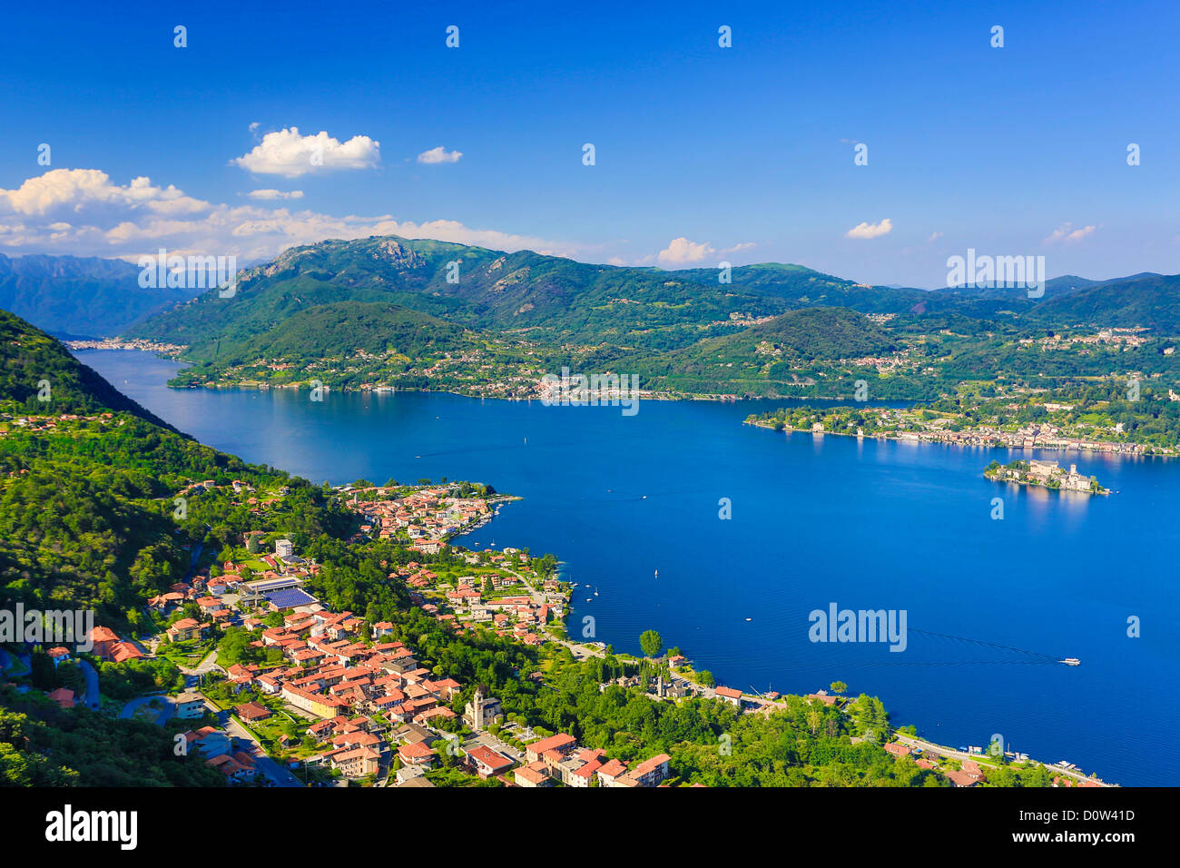 Italy, Europe, travel, Orta Lake, Pella, alps, island, landscape, mountains, orta, Piedmont, roofs, san gulio, tourism, town, Stock Photo