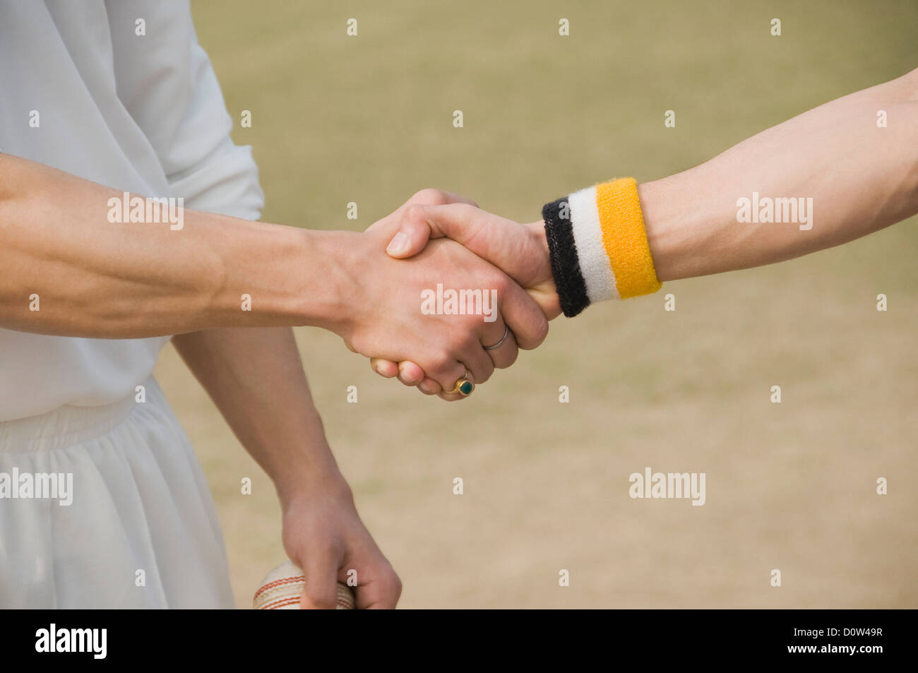 Two cricket players shaking hands Stock Photo Alamy