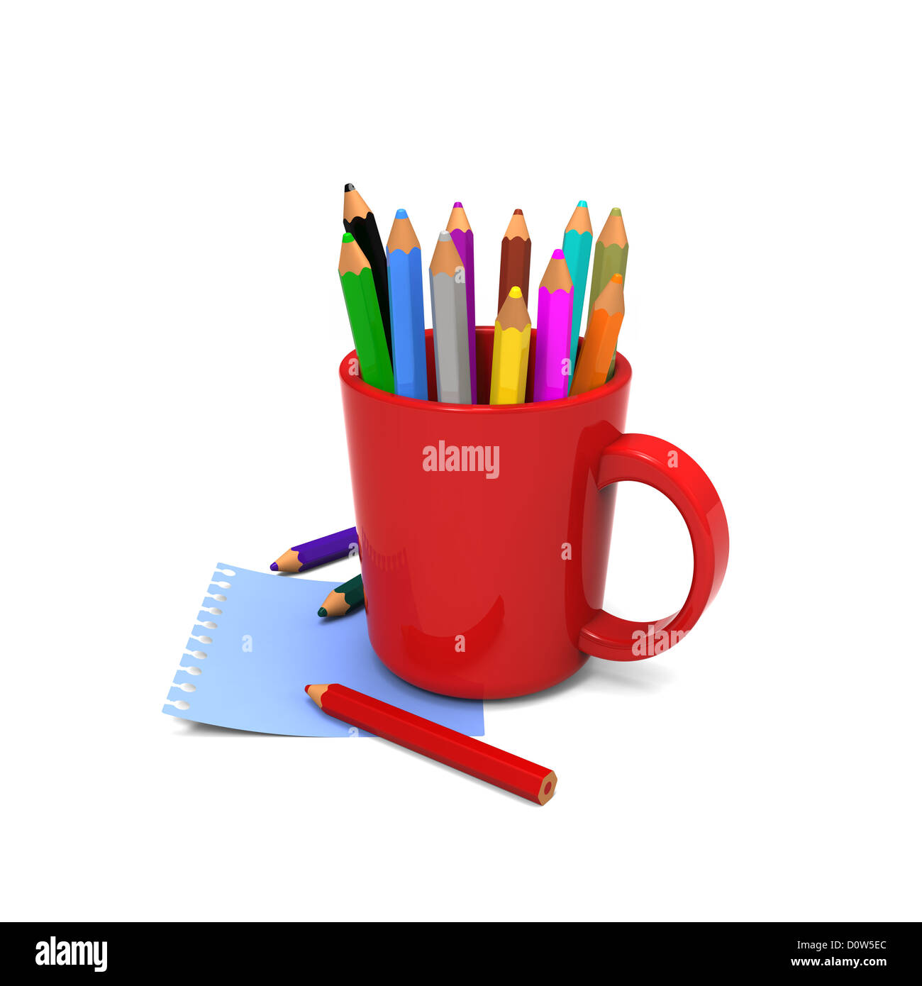 3D model of colored pencils in red cup on blue note message paper Stock Photo