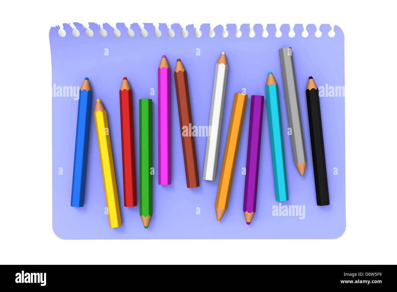 3D model of colored pencils on blue note message paper Stock Photo