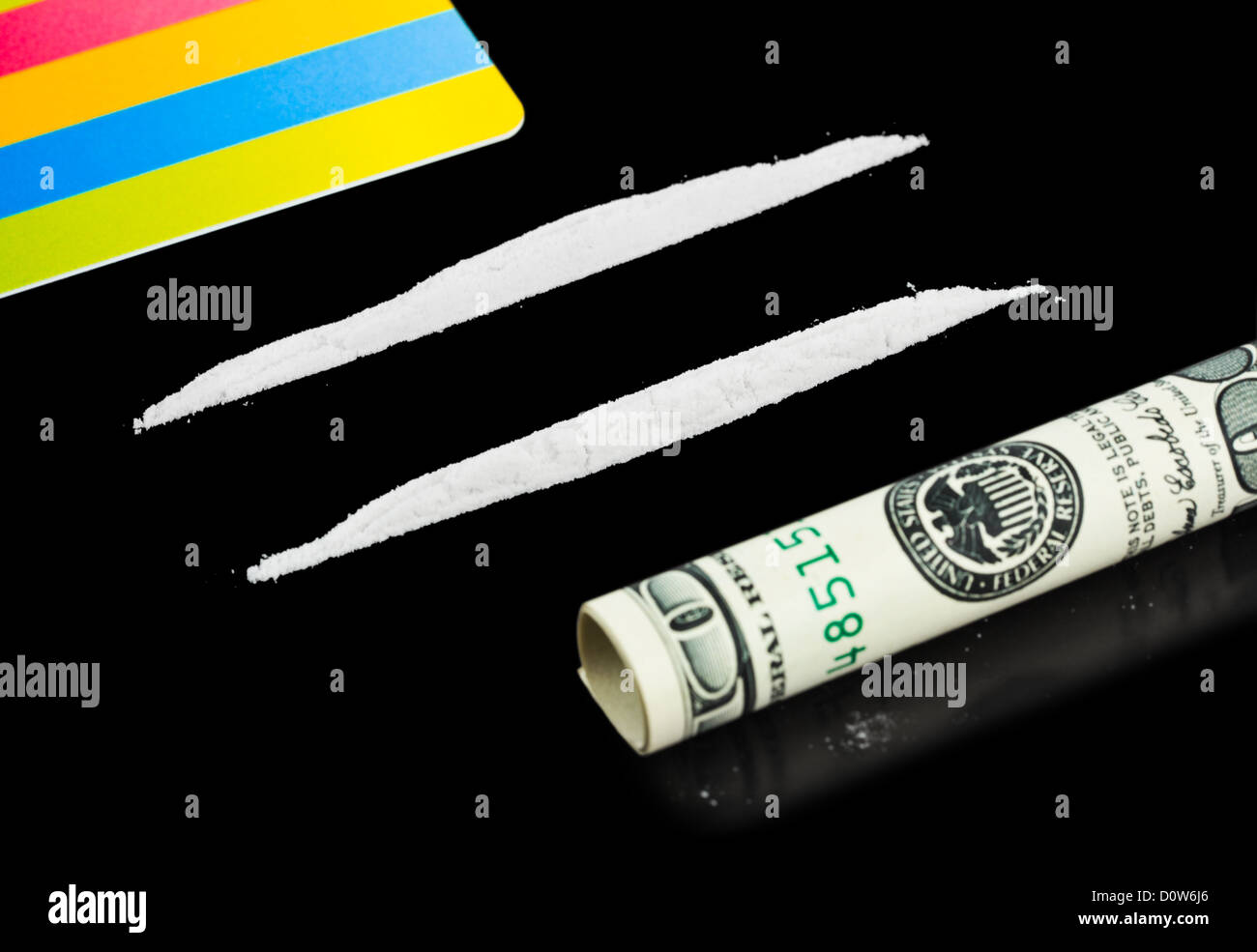 Cocaine, money and plastic card Stock Photo