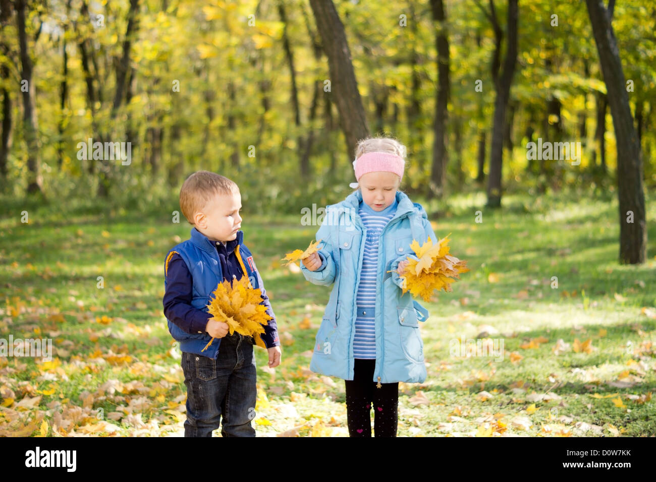 Brother and sister with autumn leaves in their hands walking through ...
