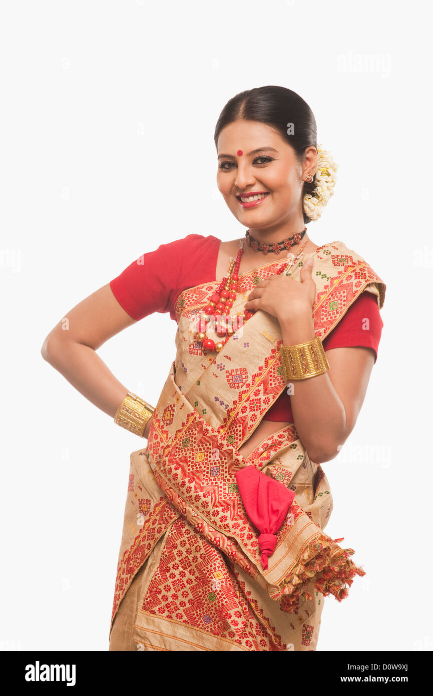 Portrait of a woman dancing on Bihu festival Stock Photo