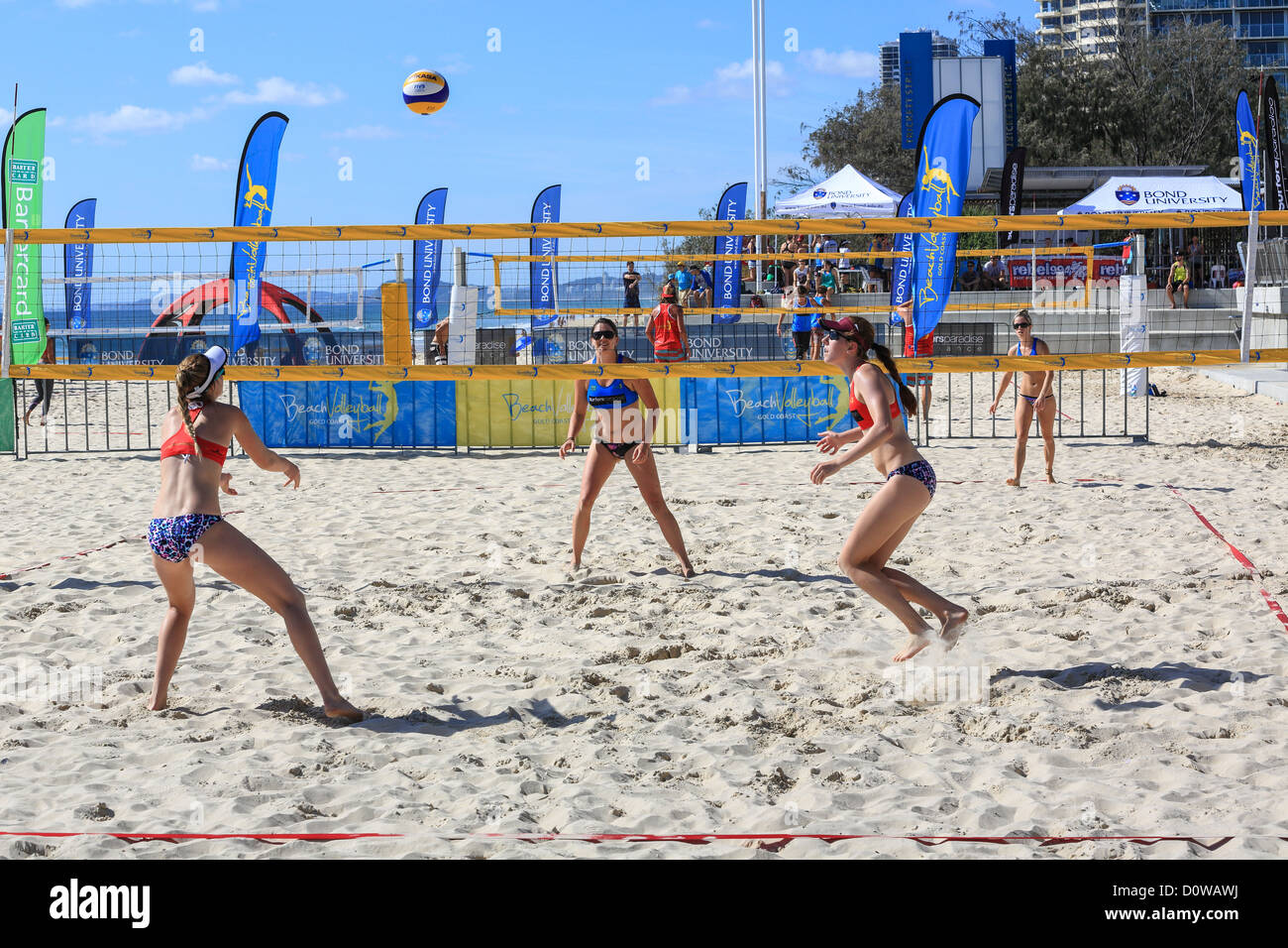 Womans team play Beach volleyball at Surfers Paradise on the first day