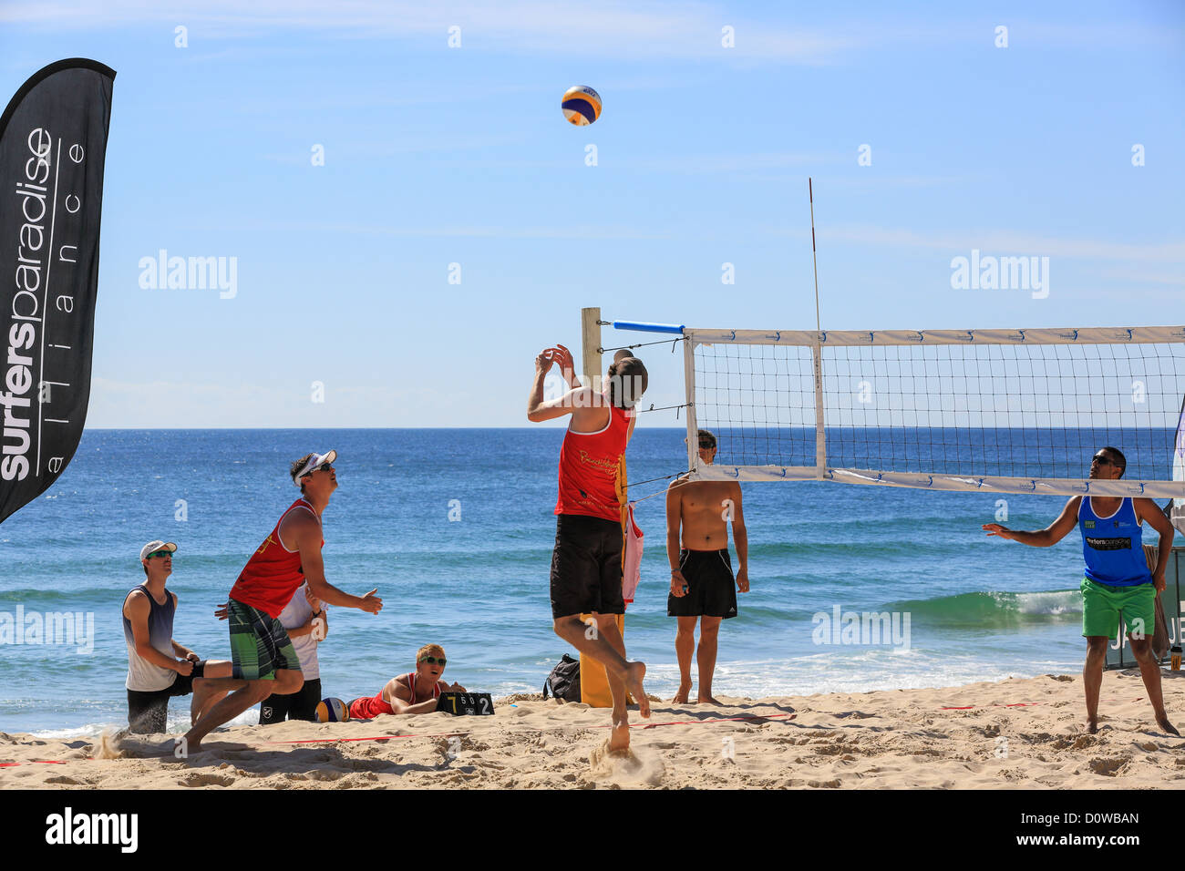 Mens team plays Beach volleyball at Surfers Paradise on the first day