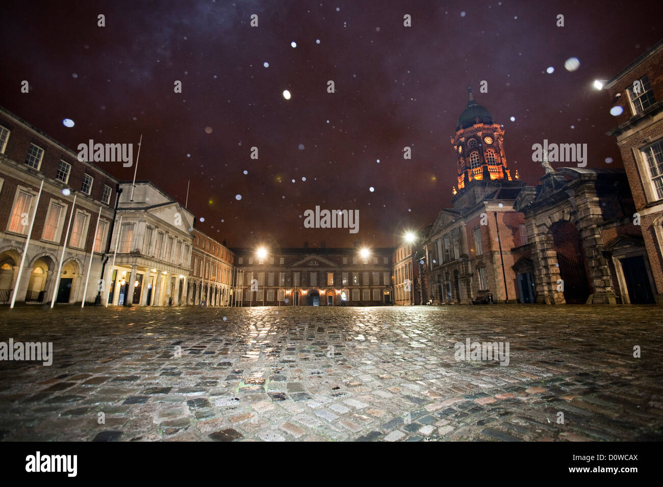 Dublin, Ireland, snow in the courtyard of Dublin Castle Stock Photo