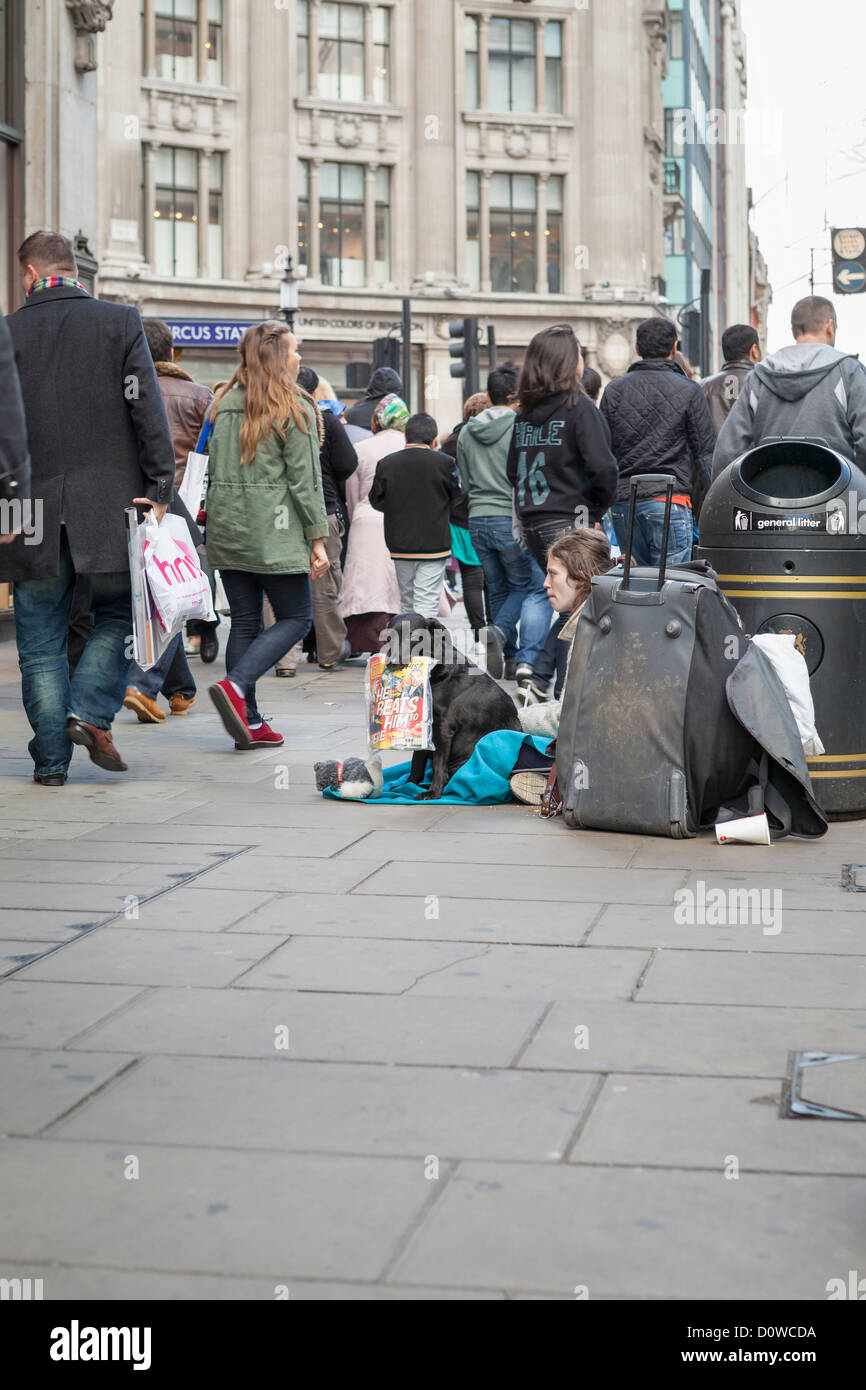 Homeless woman with her dog, London ,England Stock Photo