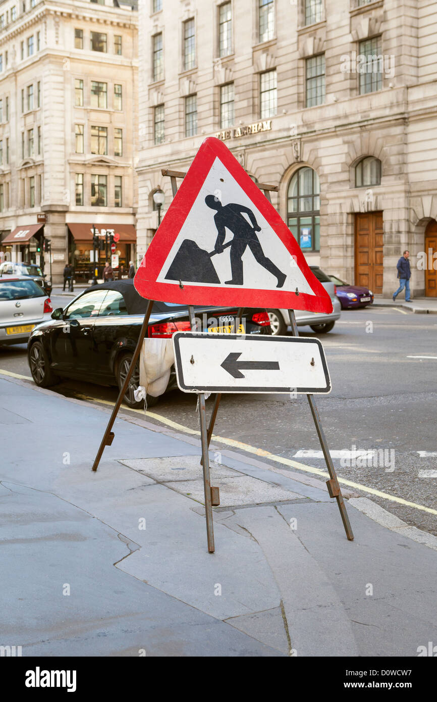 Road work warning sign in central London, UK Stock Photo