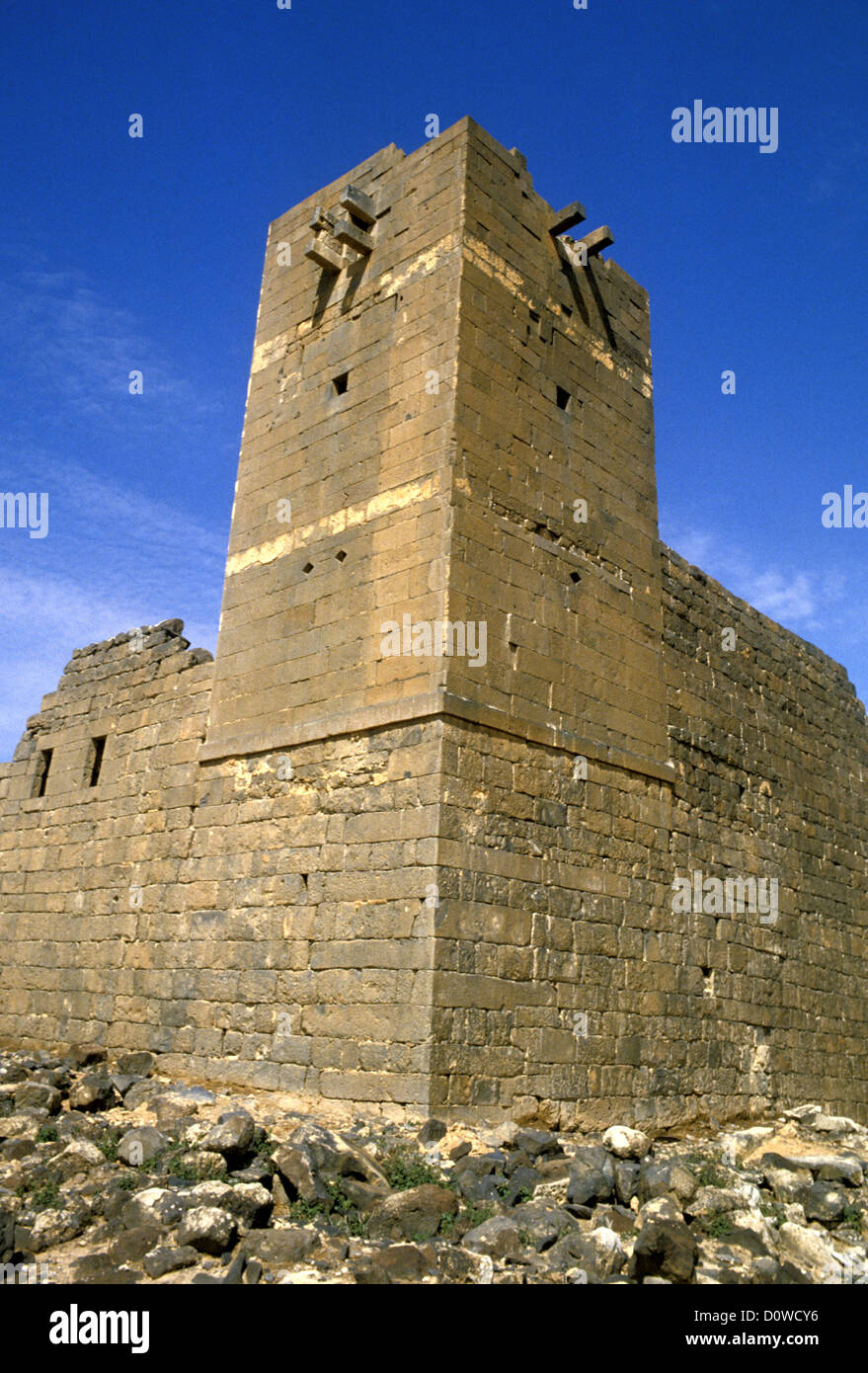 15 metre high Byzantine tower in Umm al-Jimal,  Jordan. It is inscribed on the UNESCO World Heritage list. Stock Photo