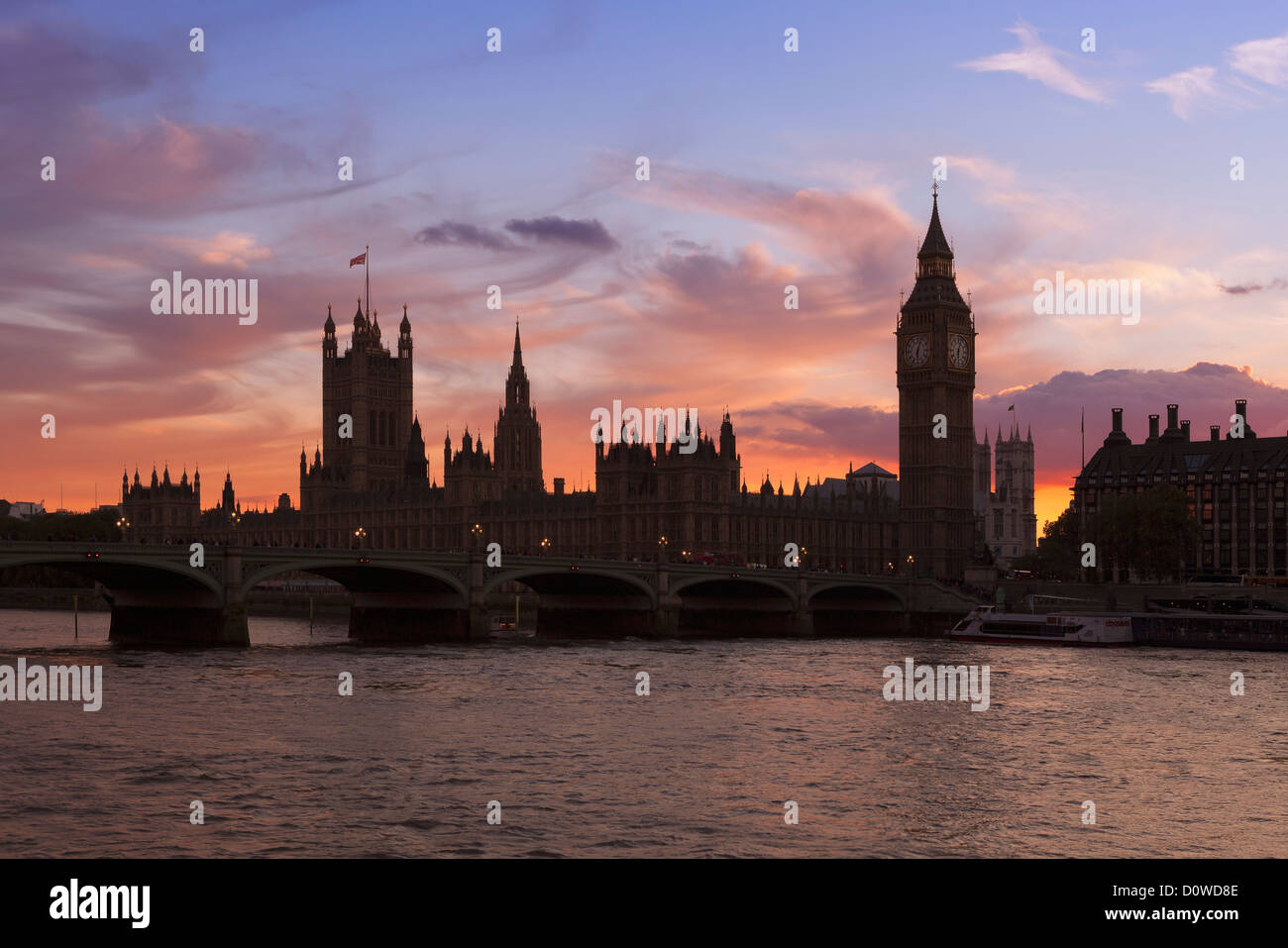 The houses of parliament and westminster bridge silhouetted at dusk, London, UK Stock Photo