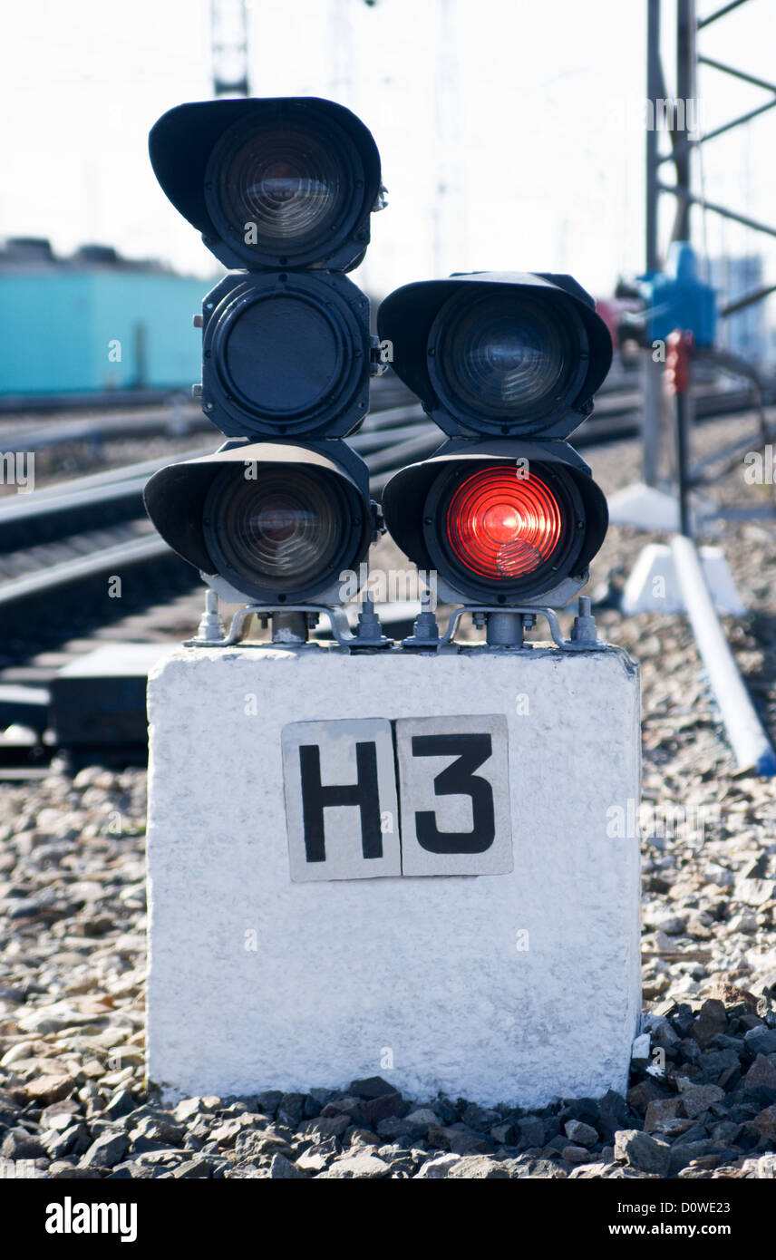 The railway traffic light, train is forbidden, red light. Stock Photo