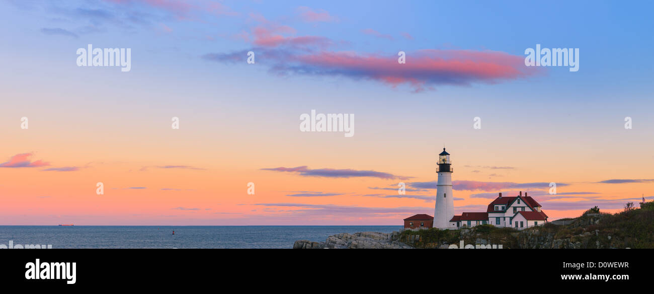 Sunset at Portland Head Light. A historic lighthouse at Cape Elizabeth, Maine Stock Photo