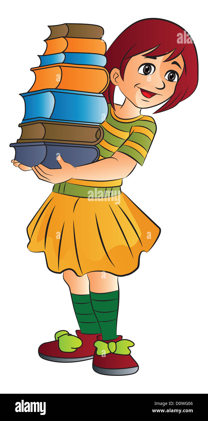 Girl Carrying a Stack of Books, vector illustration Stock Photo - Alamy