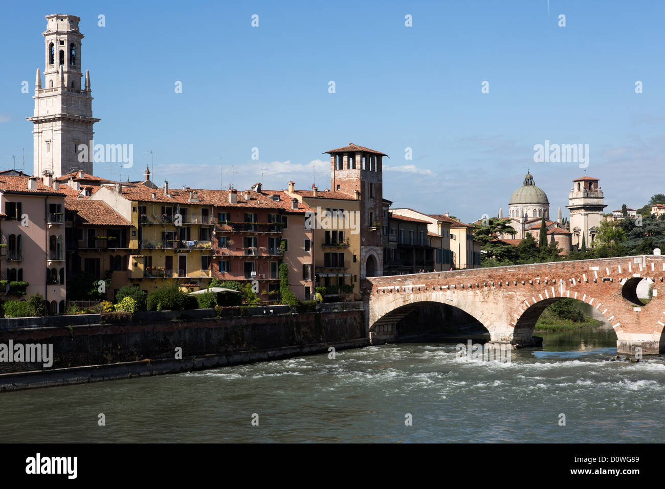 View to Saint Peter bridge and Adige river in Verona, Italy Stock Photo ...