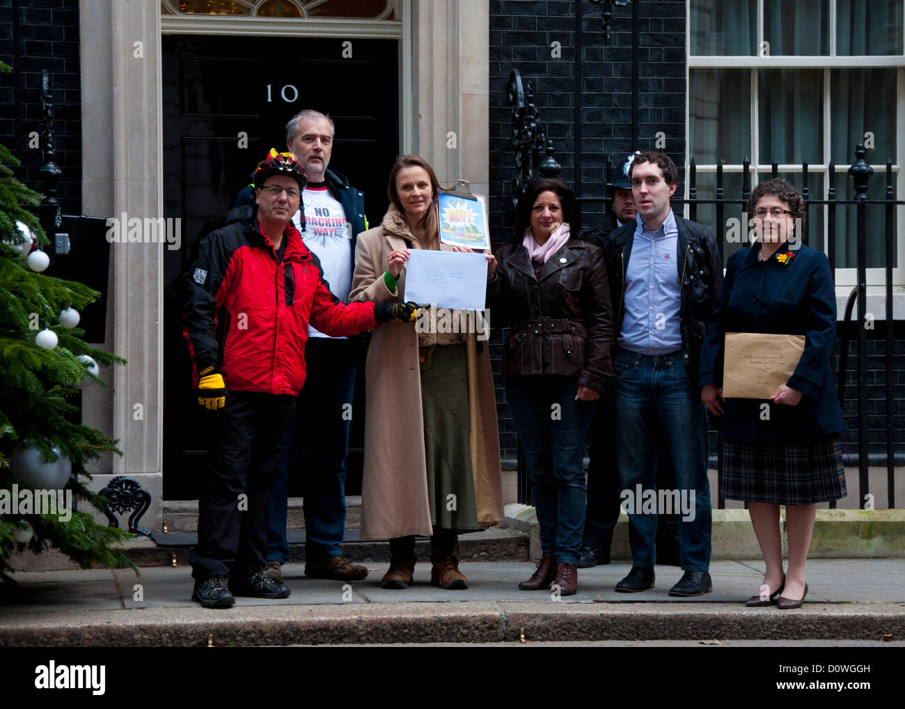 London, UK, 1 December 2012; Protesters against fracking (the extraction of shale gas) stand outside Downing Street before handing their petition in. A copy of the letter can be downloaded from http://www.frackfreefylde.com/open-letter-to-david-cameron/ Stock Photo