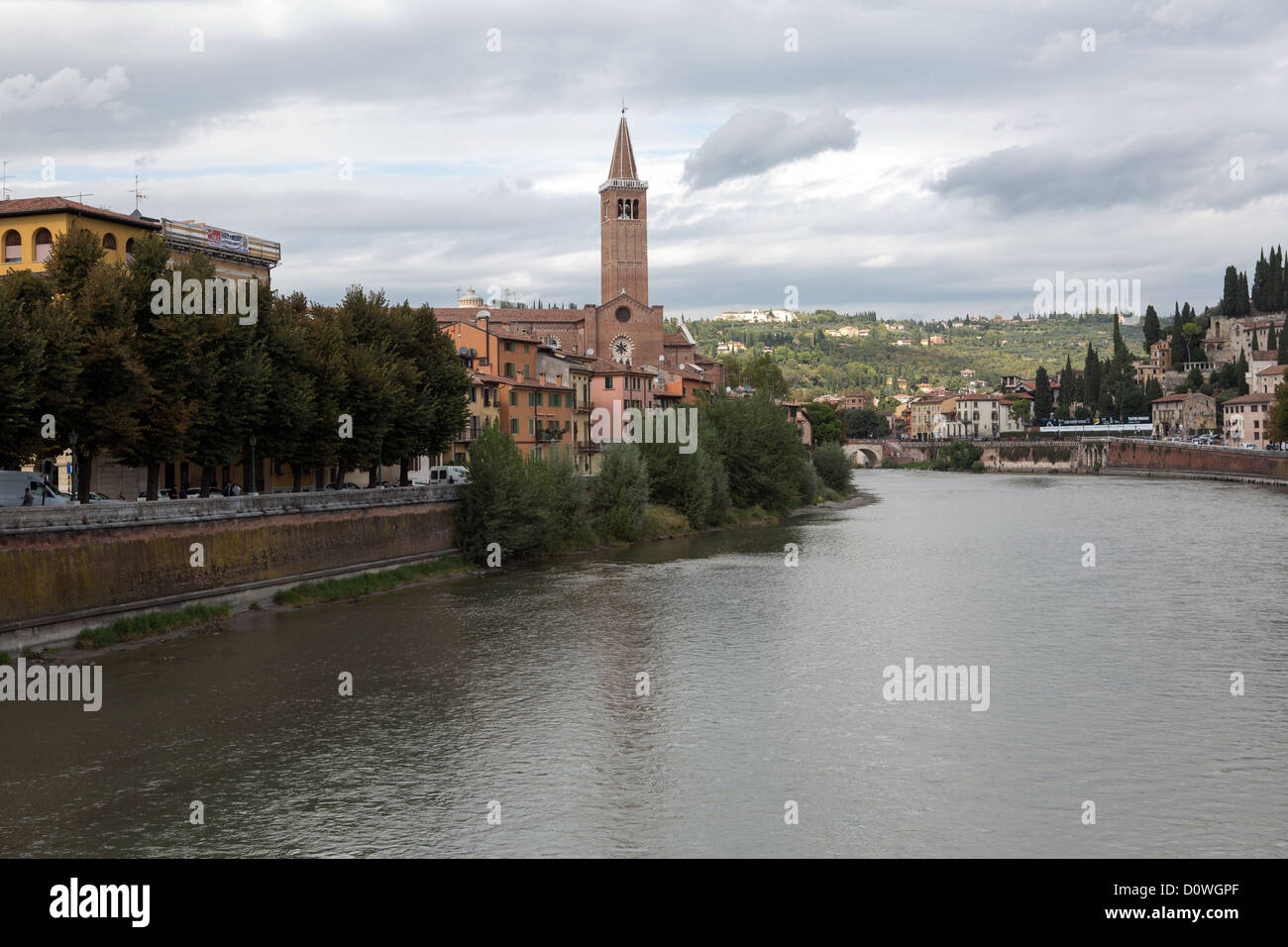 View to Saint Peter bridge and Adige river in Verona, Italy Stock Photo ...