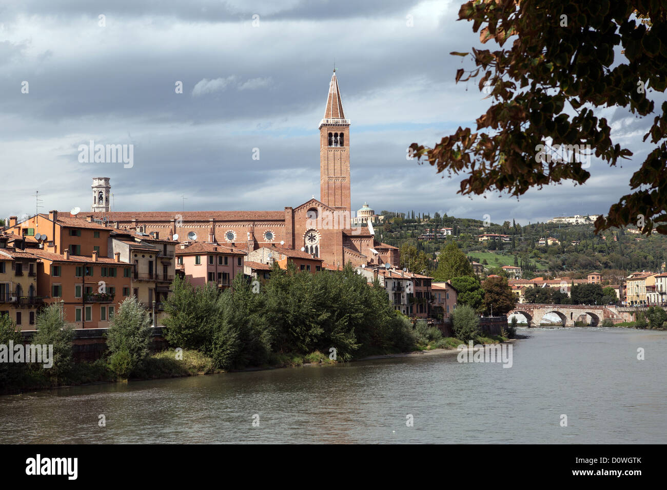 View to Saint Peter bridge and Adige river in Verona, Italy Stock Photo ...