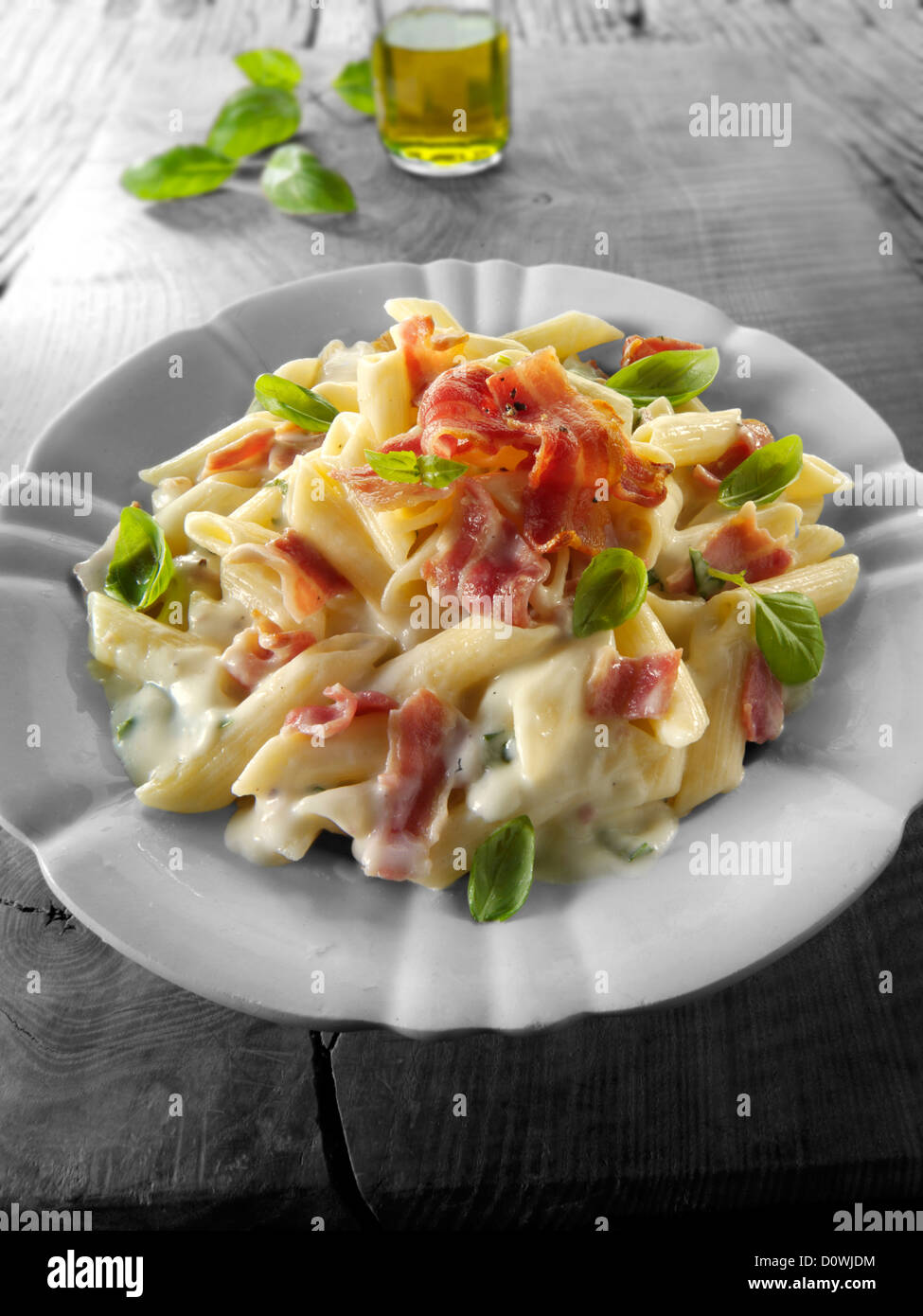 Penne & Carbonara with pancetta Stock Photo Alamy