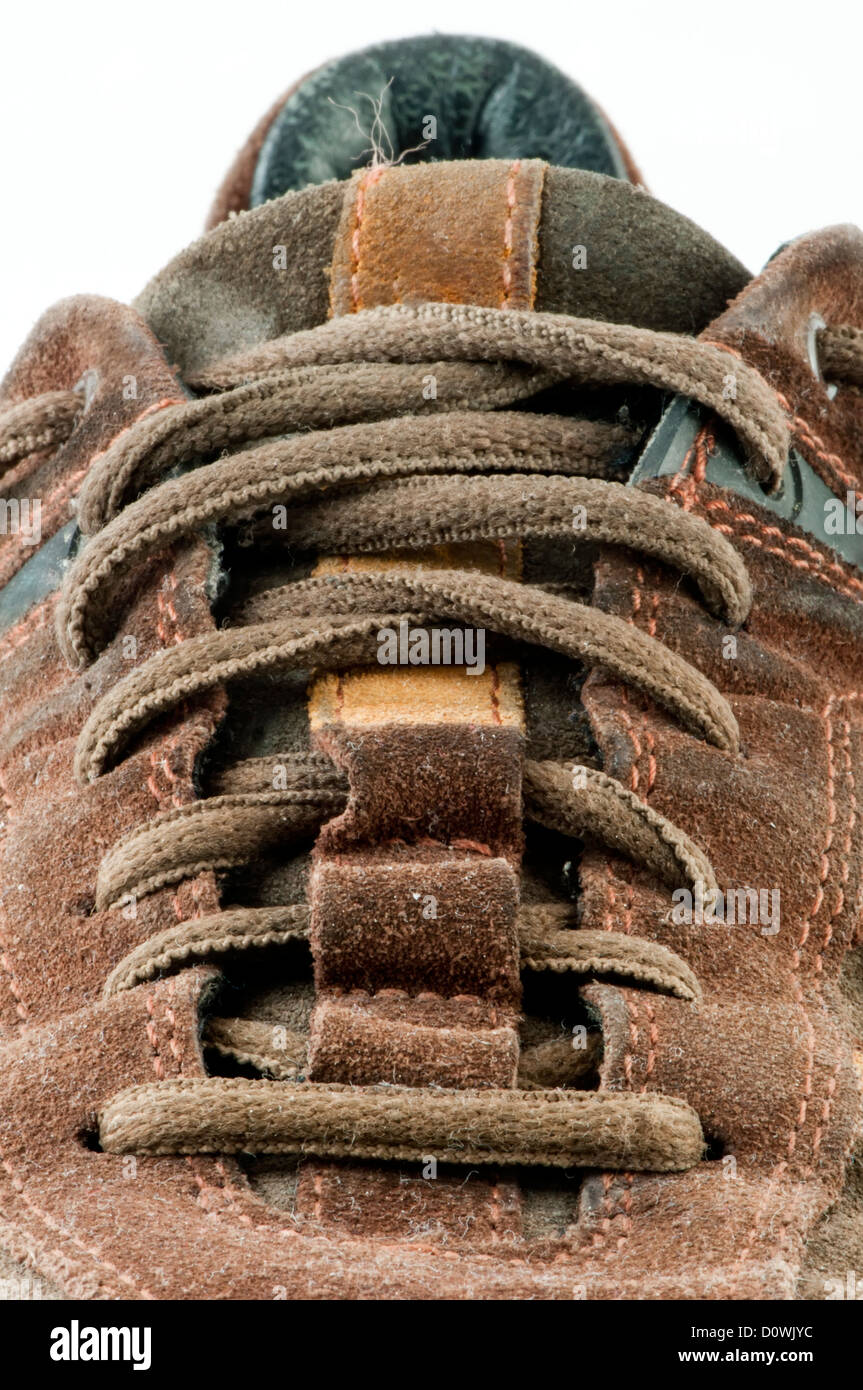Suede shoe close up. Cross shoelaces Stock Photo
