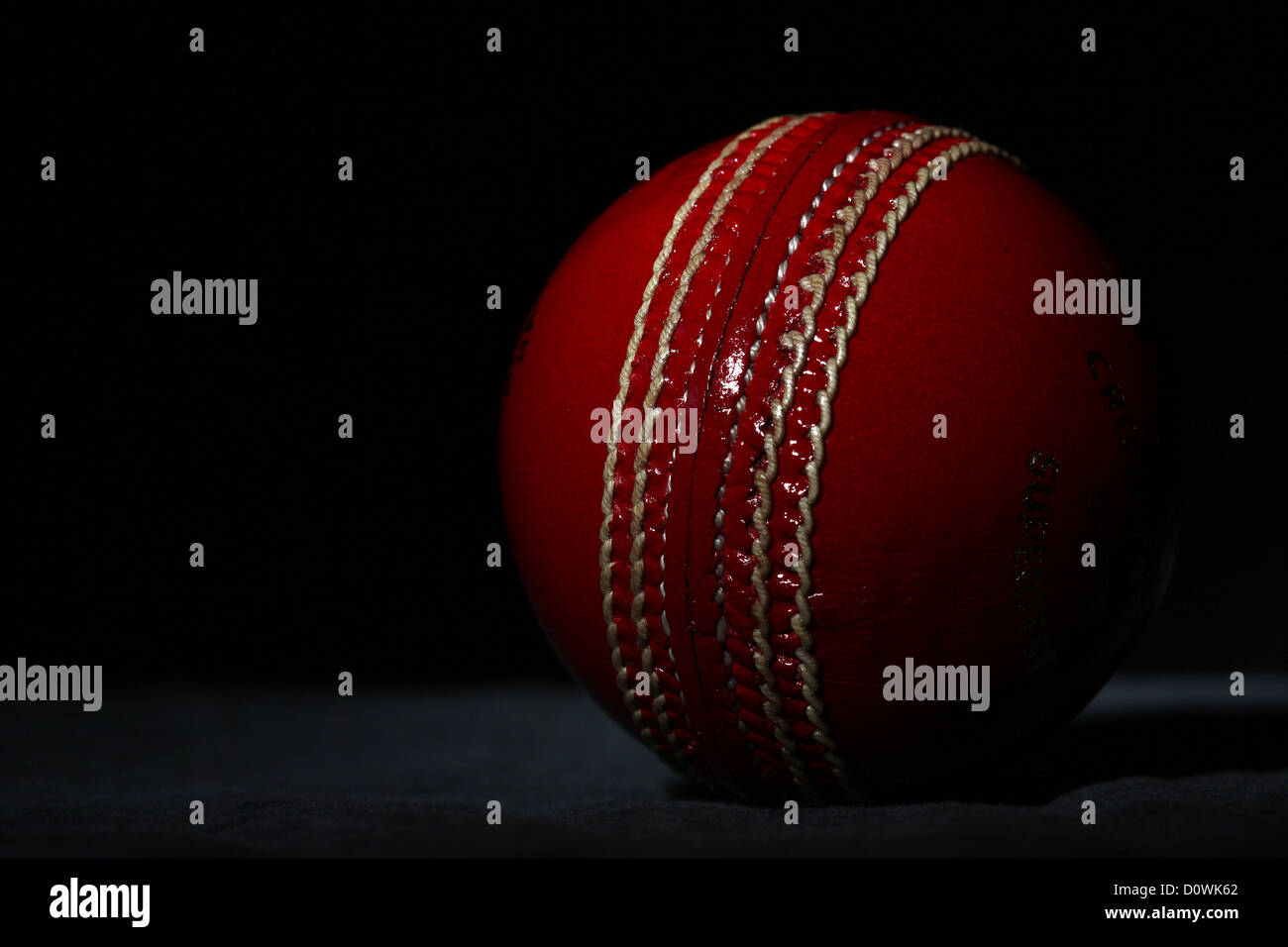 A studio shot of a GrayNicolls Cricket ball showing the seam and