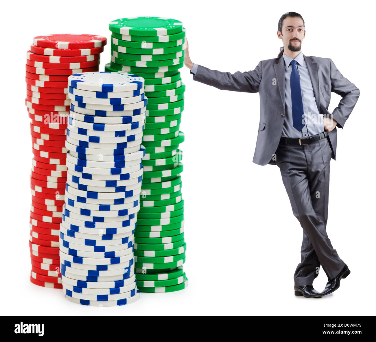 Businessman and casino chips on white Stock Photo - Alamy