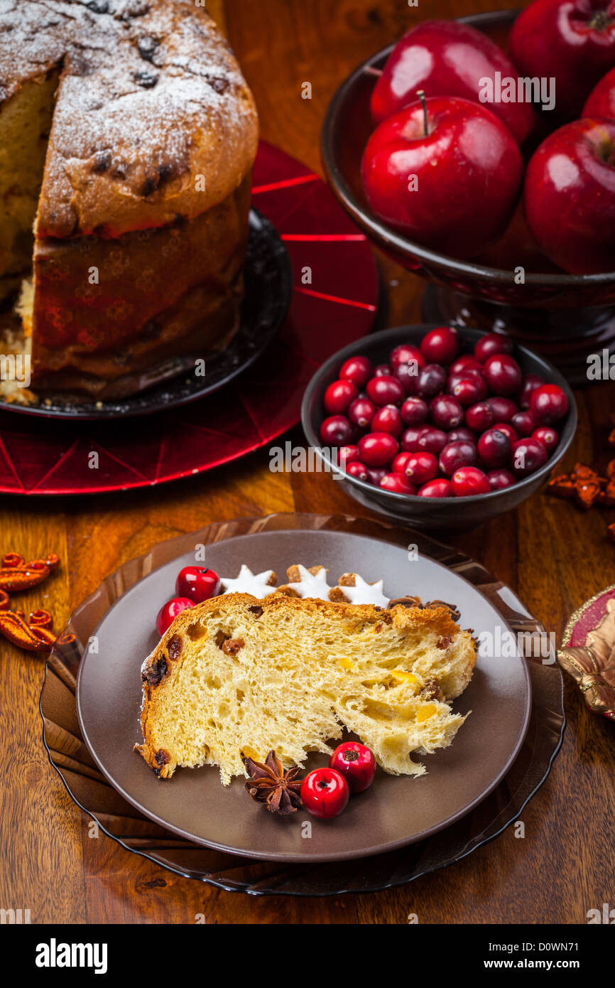 Slices of panettone - traditional Italian Christmas cake Stock Photo