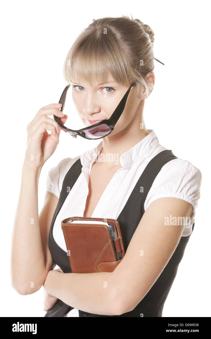 Caucasian woman with leather notebook Stock Photo