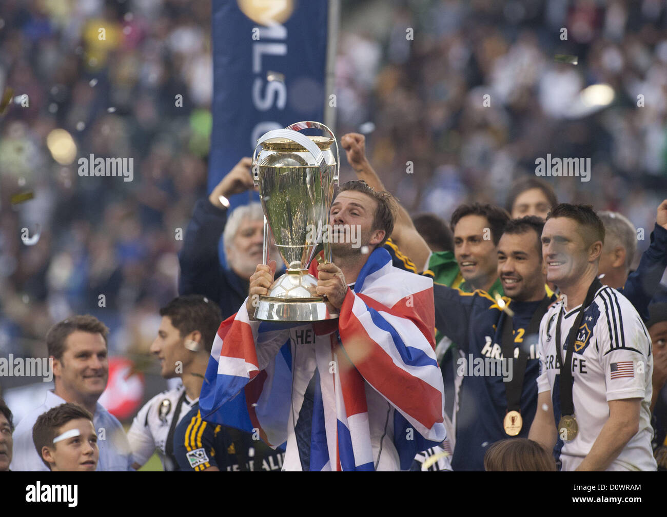 Dec. 1, 2012 - Carson, CALIFORNIA, USA - David Beckham #23 of the Los Angeles Galaxy holds the MLS Cup Trophy after defeating the   Houston Dynamo 3 to 1 at  2012 MLS Cup at The Home Depot Center on December 1, 2012 in Carson, California. .ARMANDO ARORIZO/PI (Credit Image: © Armando Arorizo/Pi/Prensa Internacional/ZUMAPRESS.com) Stock Photo