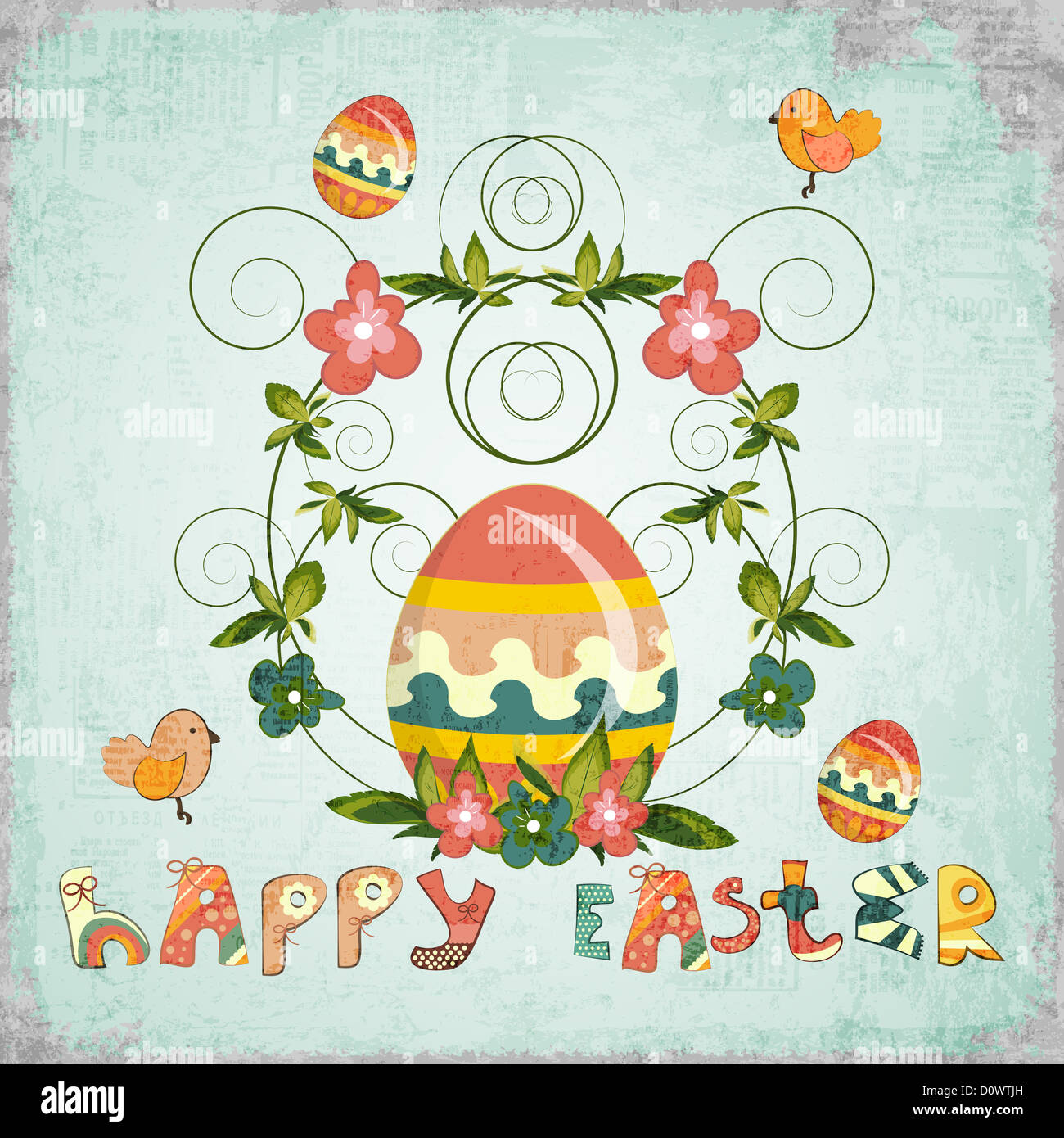 Retro Design of Easter Card with colorful Egg, Flowers, Birds and Hand ...