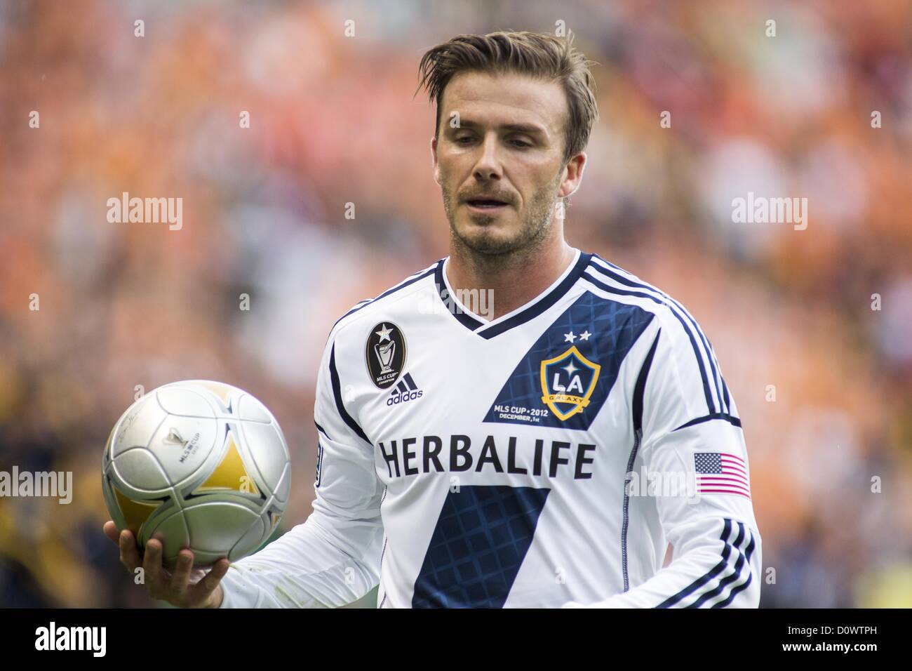 Dec. 1, 2012 - Los Angeles, California (CA, United States - Los Angeles Galaxy star David Beckham #23 holds a ball during his farewell game in the Major League Soccer (MLS) Cup final at the Home Depot Center on December 1, 2012 in Carson, California. The Galaxy defeated Houston Dynamo 3-1 to win the MLS Cup Championship. Beckham will be leaving the team after the game. He joined the L.A. Galaxy back on January 11, 2007, when he signed a 5-year contract worth $32.5ÃŠmillion. He has played in over 98 games during his six season stint with the Galaxy and just last season was named an MLS all-star Stock Photo