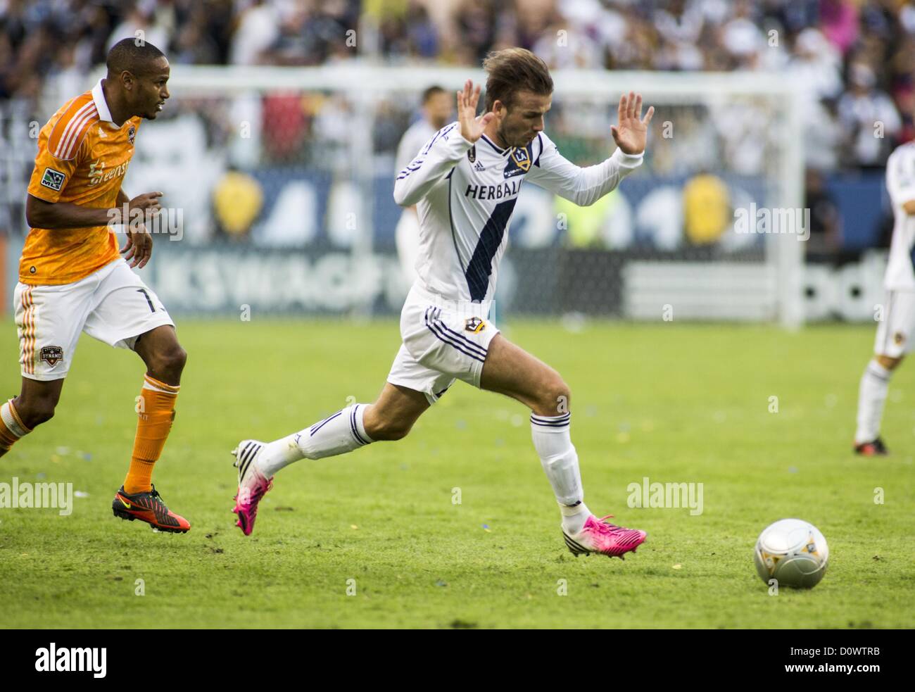 Dec. 1, 2012 - Los Angeles, California (CA, United States - Los Angeles Galaxy star David Beckham #23 reacts to a call during his farewell game in the Major League Soccer (MLS) Cup final at the Home Depot Center on December 1, 2012 in Carson, California. The Galaxy defeated Houston Dynamo 3-1 to win the MLS Cup Championship. Beckham will be leaving the team after the game. He joined the L.A. Galaxy back on January 11, 2007, when he signed a 5-year contract worth $32.5ÃŠmillion. He has played in over 98 games during his six season stint with the Galaxy and just last season was named an MLS all- Stock Photo