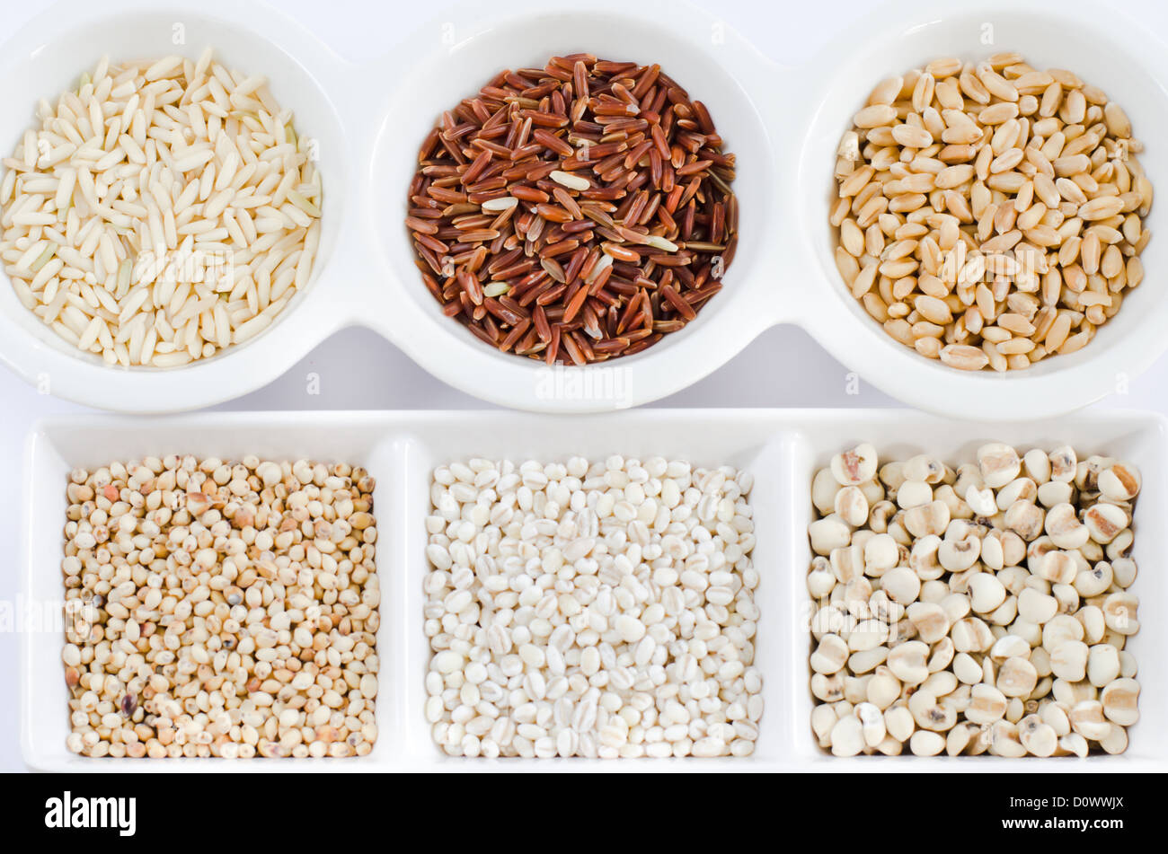 rice , red rice , wheat, job's tears , barley and millet grains on