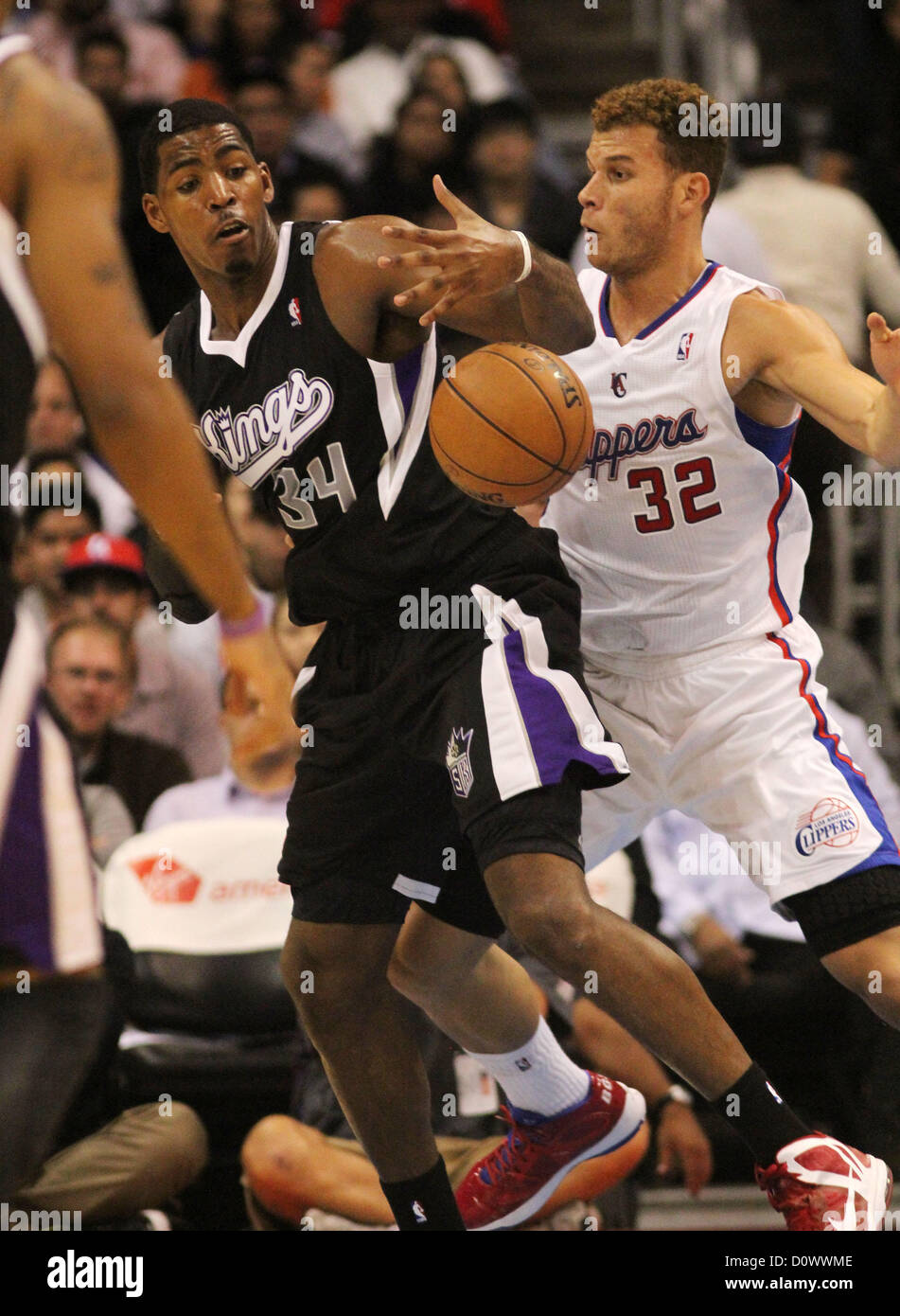 Dec. 1, 2012 - Los Angeles, California, U.S - Clippers F Blake Griffin plays tough defense on Kings F Jason Thompson during their game with the Sacramento Kings at the Staples Center in Los Angeles, California on Saturday, December 1 2012. (Credit Image: © Burt Harris/Prensa Internacional/ZUMAPRESS.com) Stock Photo