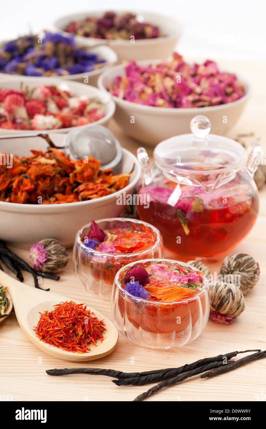 Herbal natural floral tea infusion with dry flowers ingredients Stock