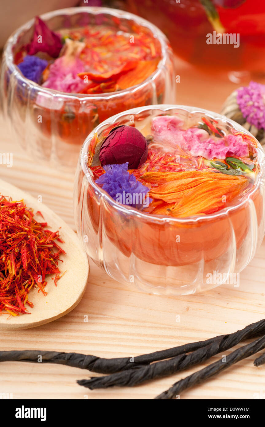 Herbal natural floral tea infusion with dry flowers ingredients Stock