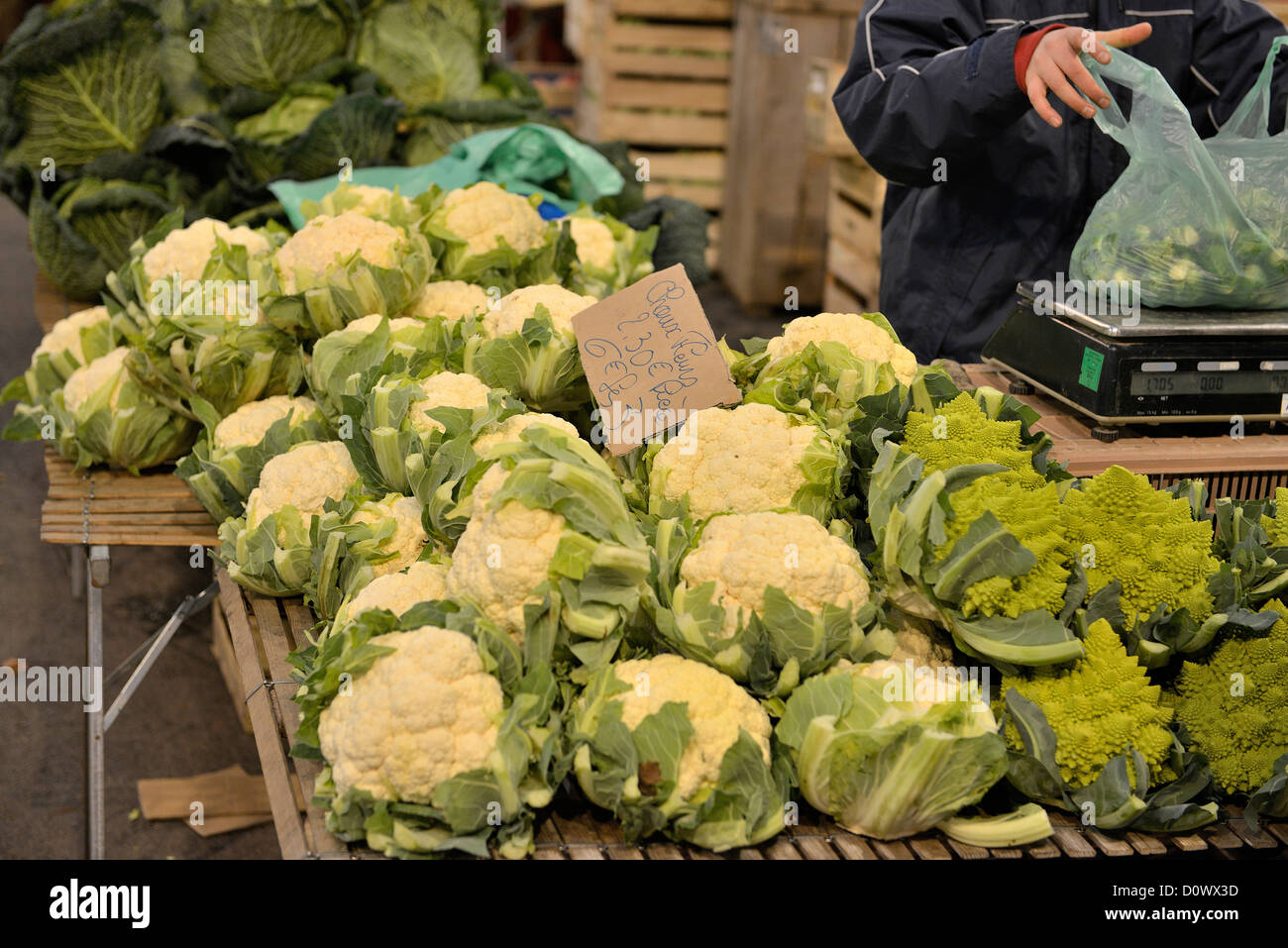 Cauliflowers Weighing vegetables cabbages Stock Photo