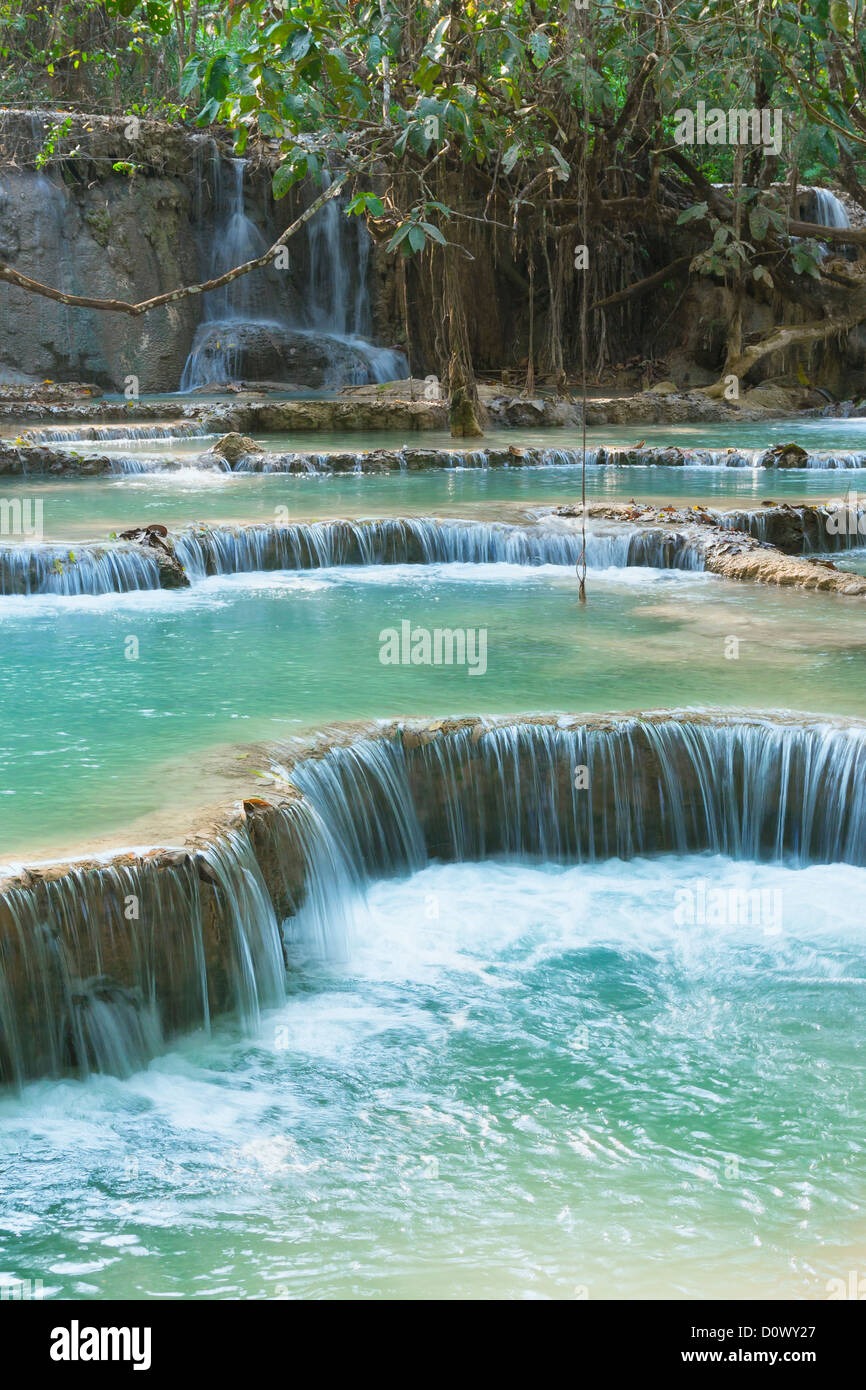 Pool and waterfall in the Tat Kuang Si waterfall system near Luang Prabang in Laos Stock Photo
