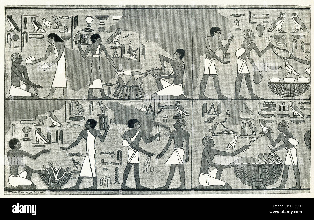 The four scenes shown here all depict life in an ancient Egyptian bazaar or marketplace and were drawn by Faucher-Gudin. Stock Photo