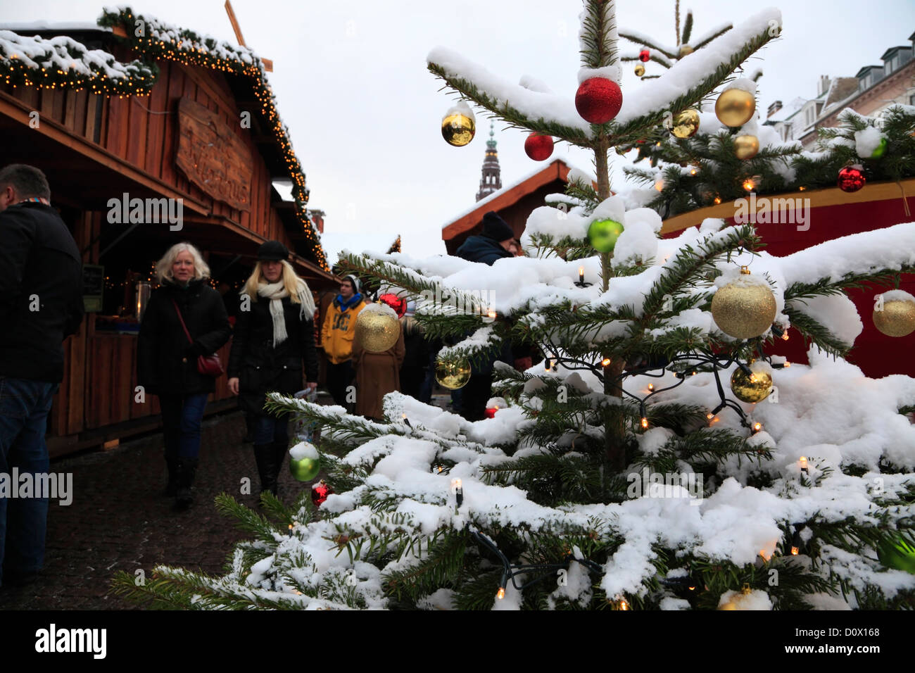 Decorated Christmas tree with snow at Christmas market in Højbro Plads ...