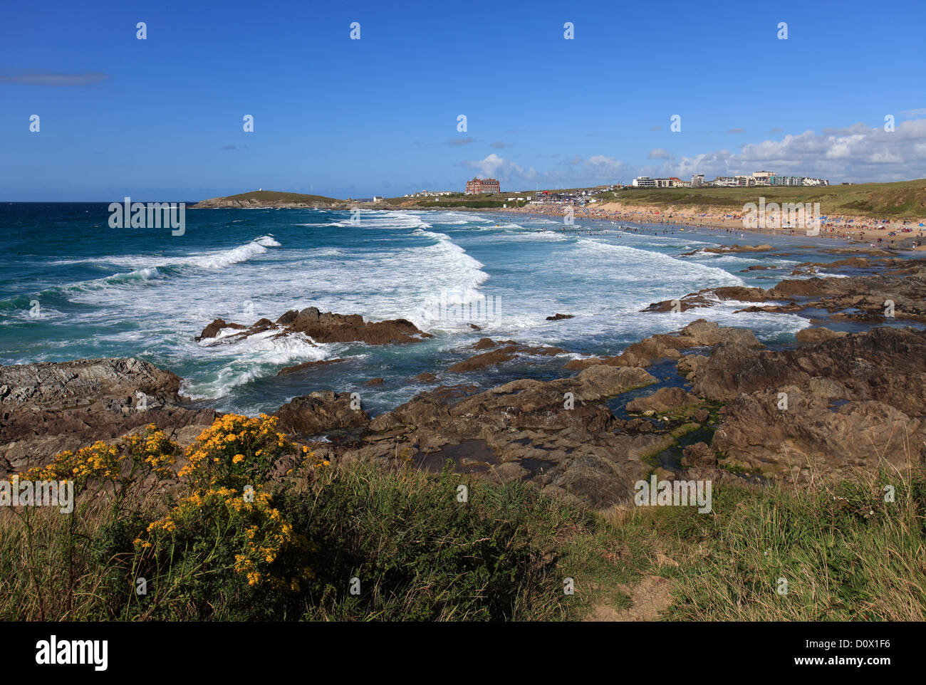 Summer panoramic image, Fistral Surfing beach, Newquay town; Cornwall ...